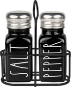 Black Salt and Pepper Shakers Set with Holder by Brighter Barns - Cute Salt Shaker with Caddy - Farmhouse Kitchen