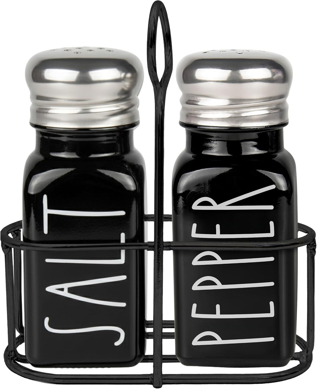 Black Salt and Pepper Shakers Set with Holder by Brighter Barns - Cute Salt Shaker with Caddy - Farmhouse Kitchen