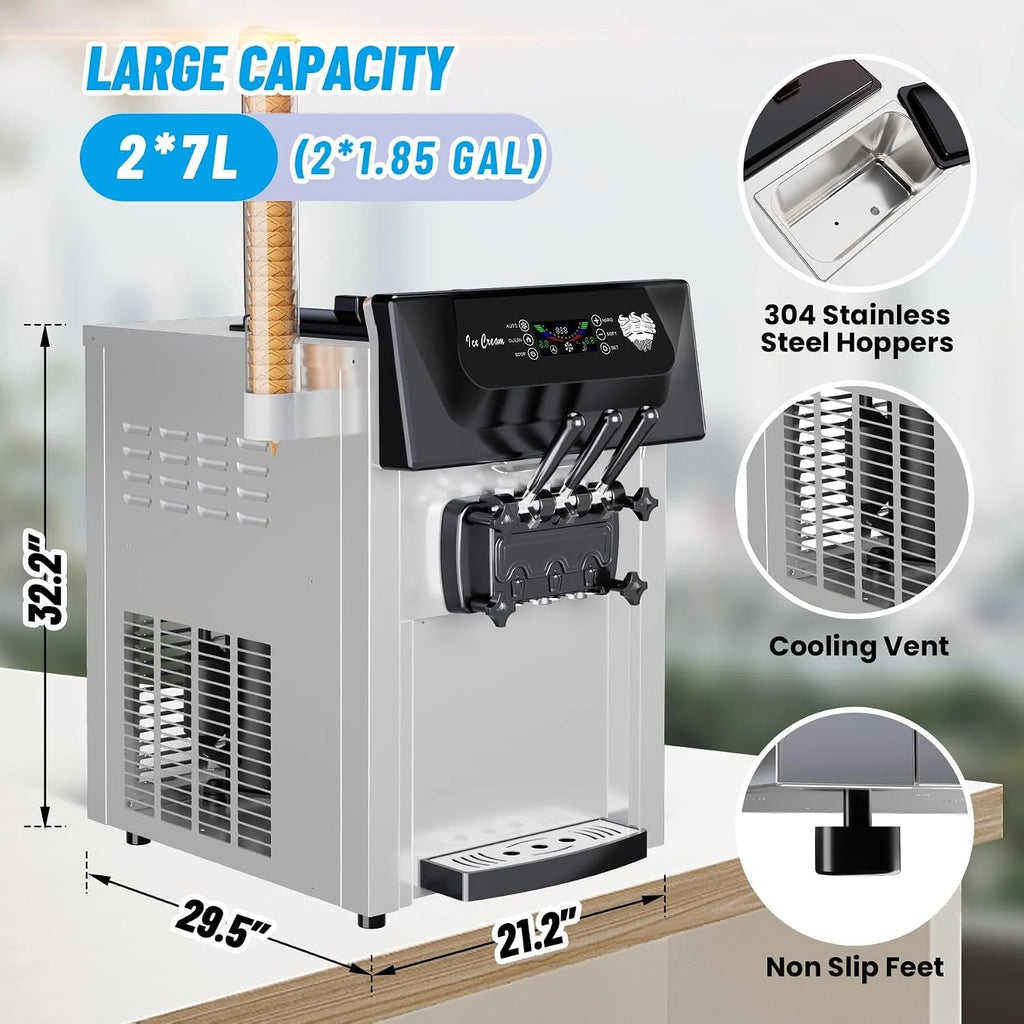 Commercial Soft Serve Ice Cream Machine, 2200W 3 Flavor Soft Serve Maker with LCD Touch Screen, 5.3-7.4 Gal/Hr High
