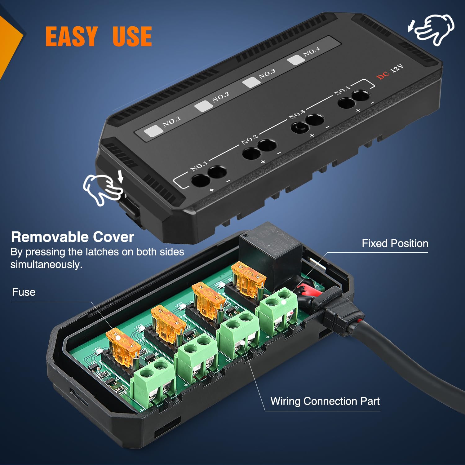12V Motorcycle Fuse Box 20A Low Profile Terminal Block Holder w/LED Indicator 4 Circuits Protection Battery Relay for