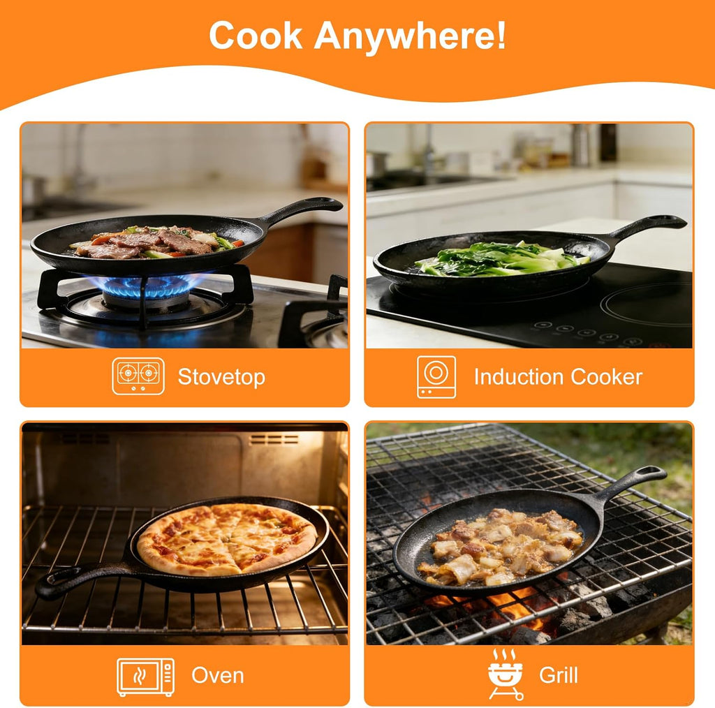 4 Sets Cast Iron Fajita Skillet Set Sizzling Plate with Wooden Base & Anti Scald Protection Hot Handle Cover, Cast