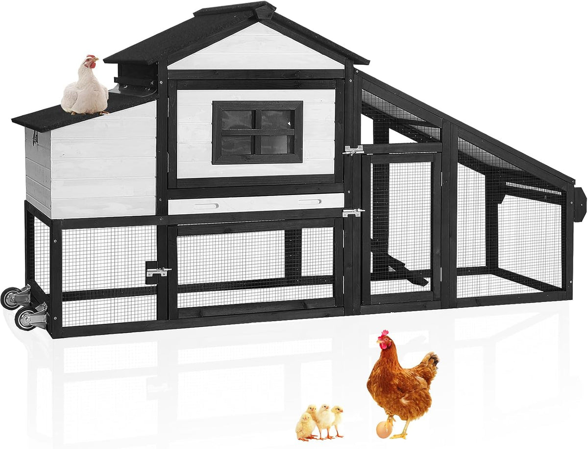 Mobile Chicken Coop with Wheels for 2-4 Chickens, Backyard Expandable Chicken House Duck Cage with Run, 2 Nesting