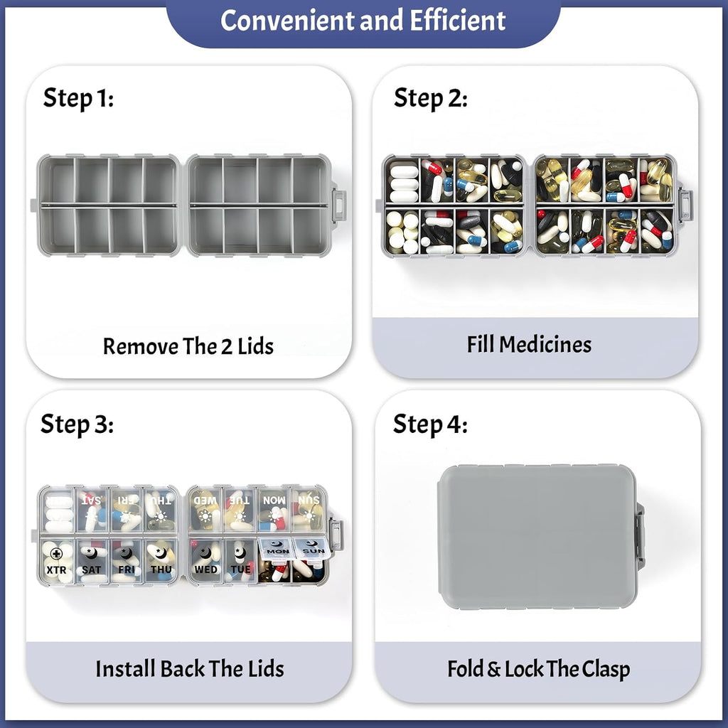 Foldable Weekly Pill Organizer 2 Times a Day with 2 Extra Compartments (Clear Printed Labels) - Portable 7 Day AM PM