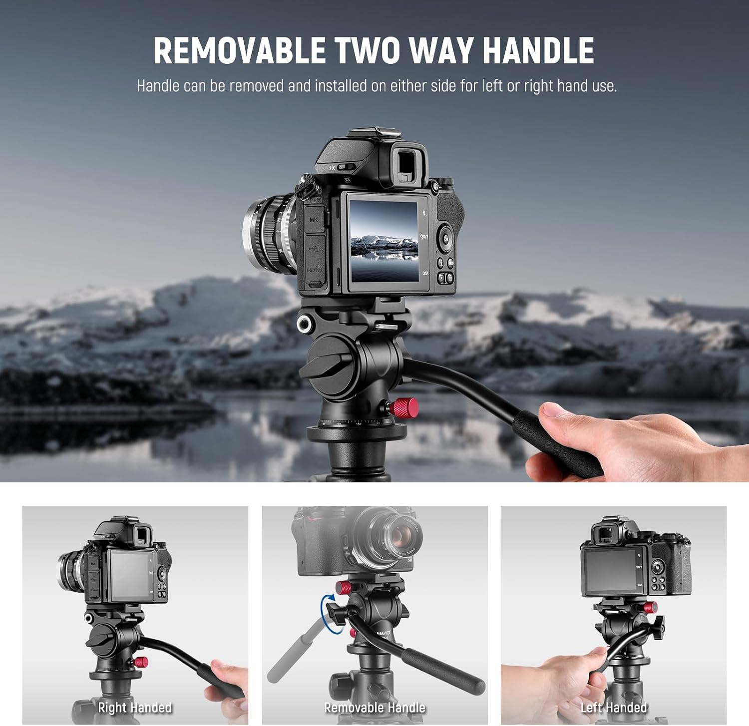 Fluid Tripod Head with Handle & Arca Type Quick Release, Aluminum Alloy Panorama Drag Pan Tilt Head with ø43mm Scaled