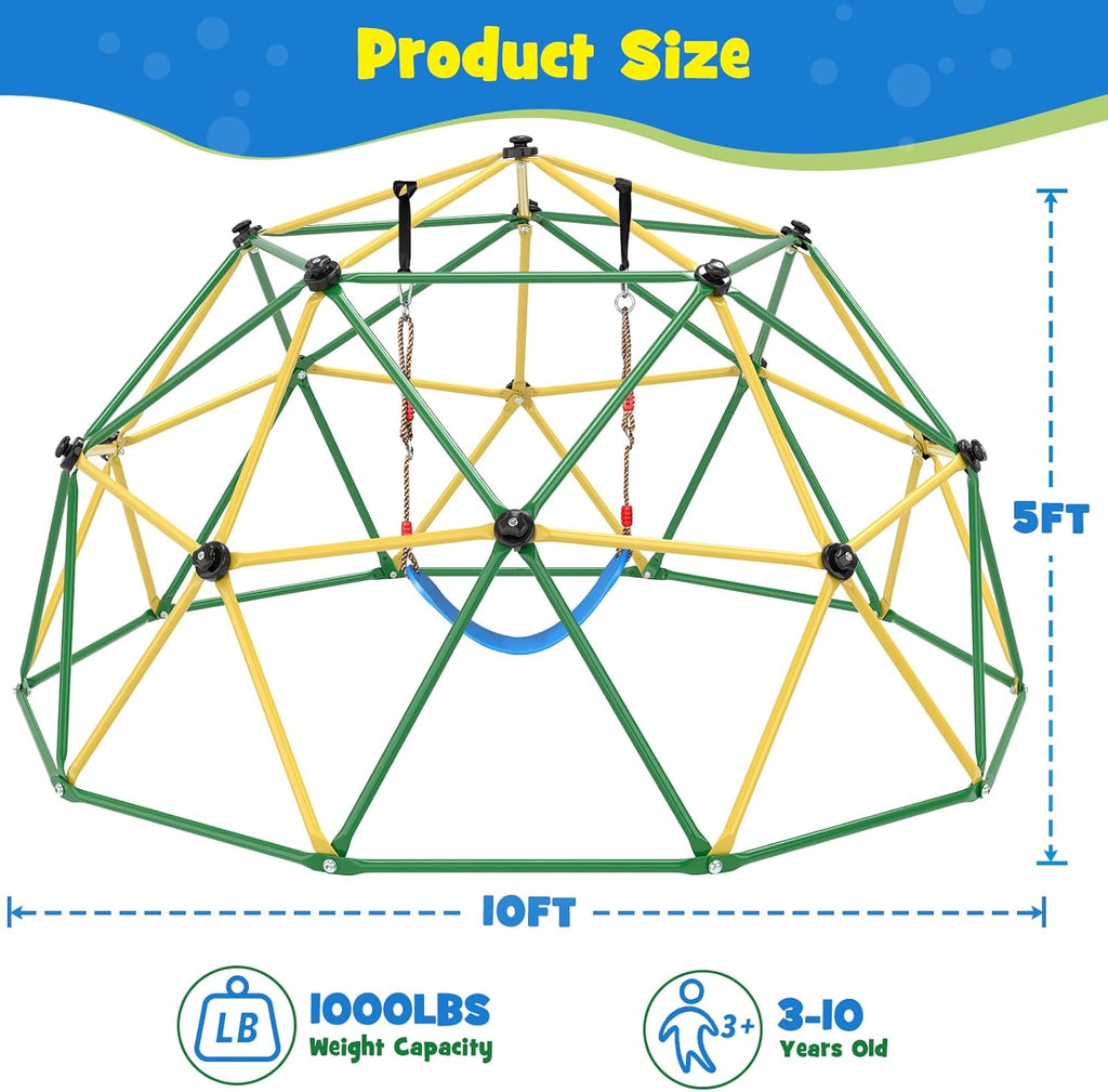 Climbing Dome with Hammock and Swing, 10FT Backyard Jungle Gym | 10FT dome with hammock and swing creates climbing