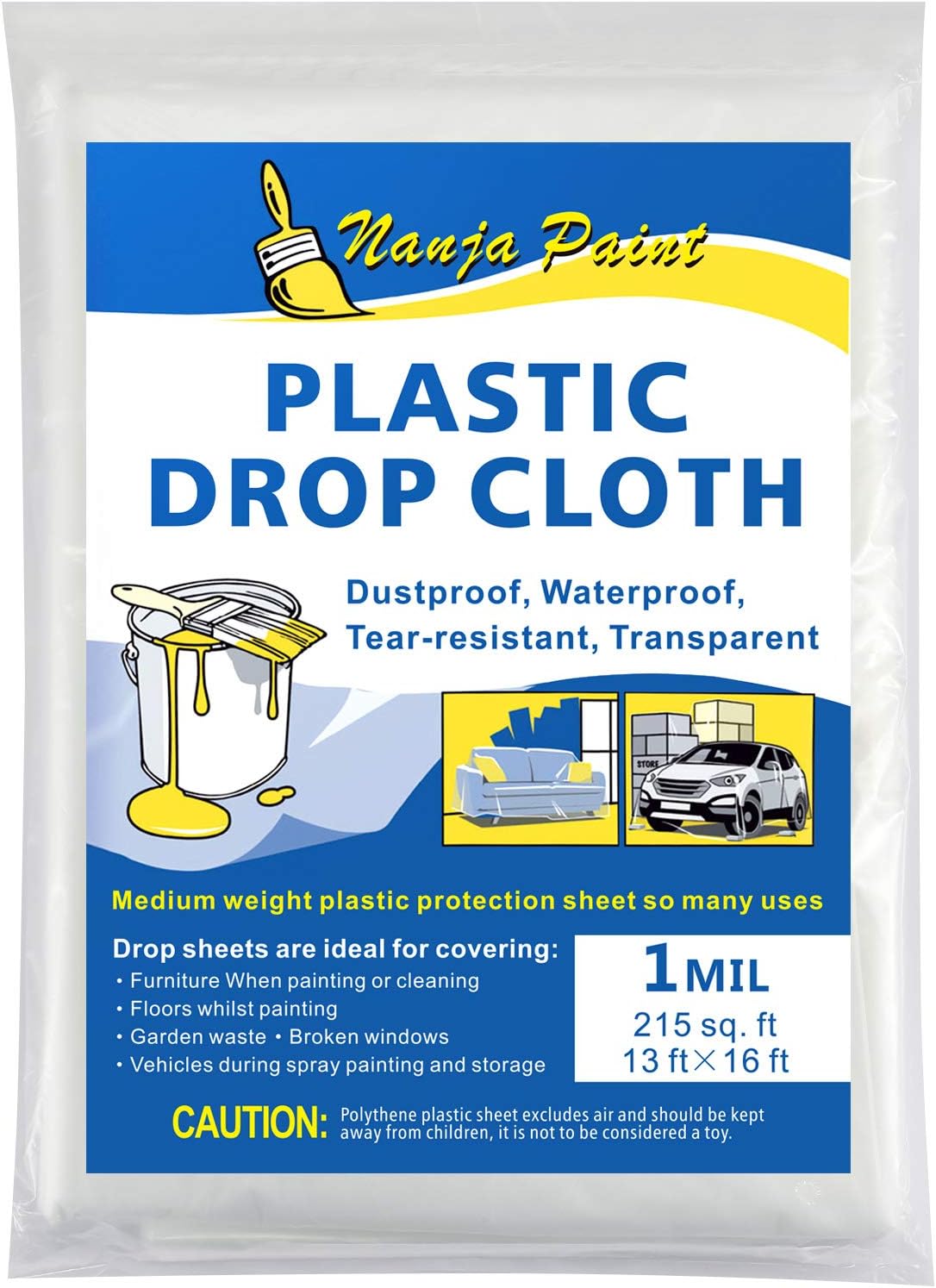 13x16Ft Plastic Drop Cloth 1 Mil Clear Tarp for Painting,Furniture