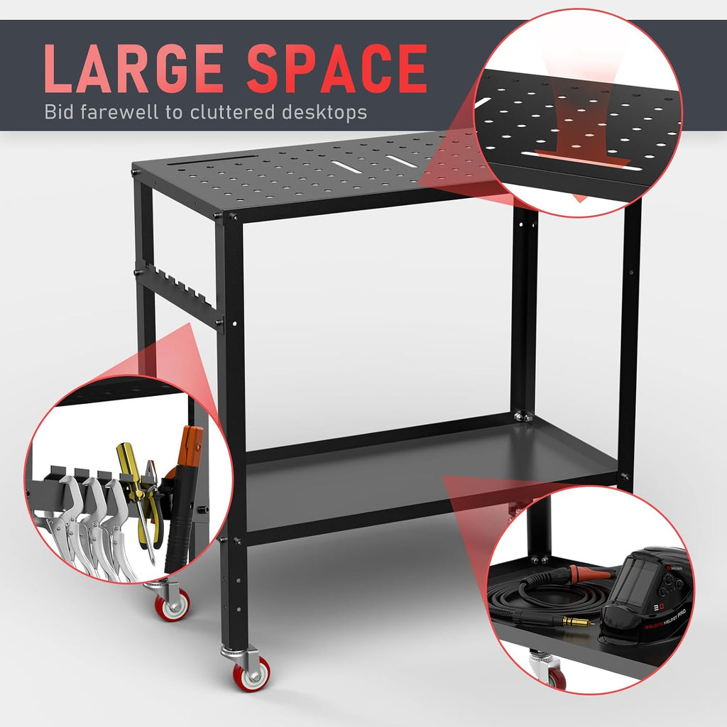 Welding Table Workbench 36x18 Inches 1200 lb Load Capacity | Hook Side Panel Handle Brake Wheels - Sturdy and