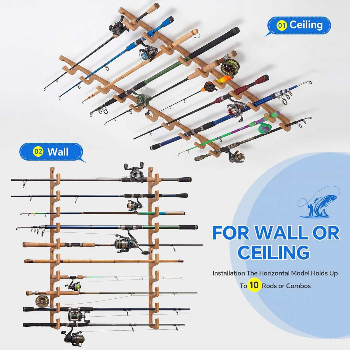 Wall Mount Fishing Rod Holder,Garage Ceiling Storage Racks | Space-saving garage organization,Scratch-free rod