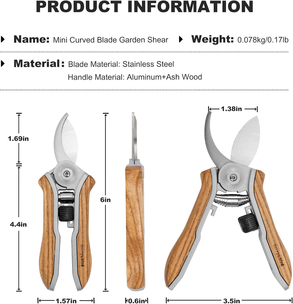 Mini Pruning Shears for Gardening Curved Blades Hand Pruners with Wooden Handle Garden Scissors Snips Stainless Steel