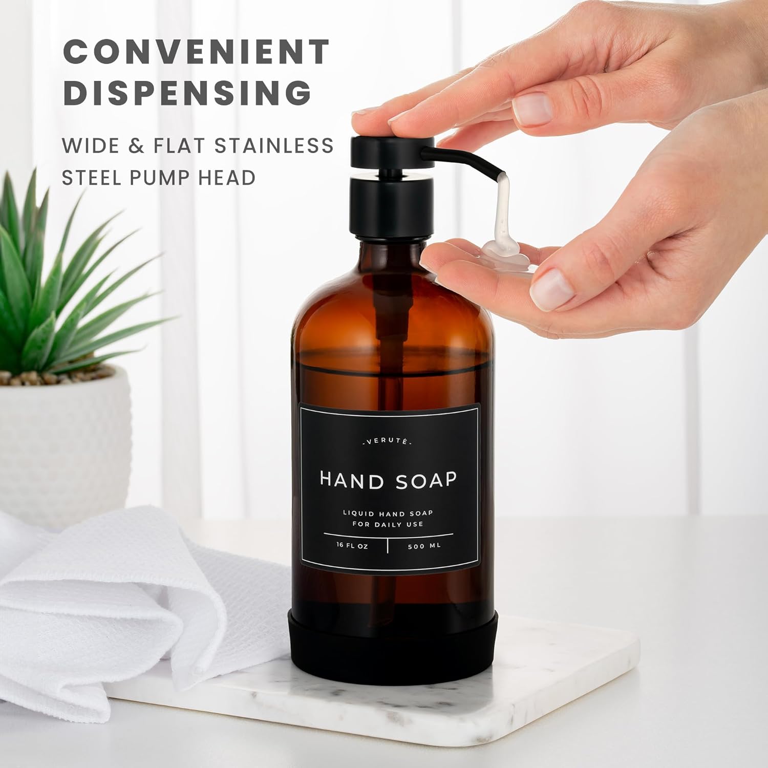 Hand and Dish Soap Dispenser for Kitchen and Bathroom, Set of 2 16 Oz Glass Bottles, Stainless Steel Pumps, Non-Slip