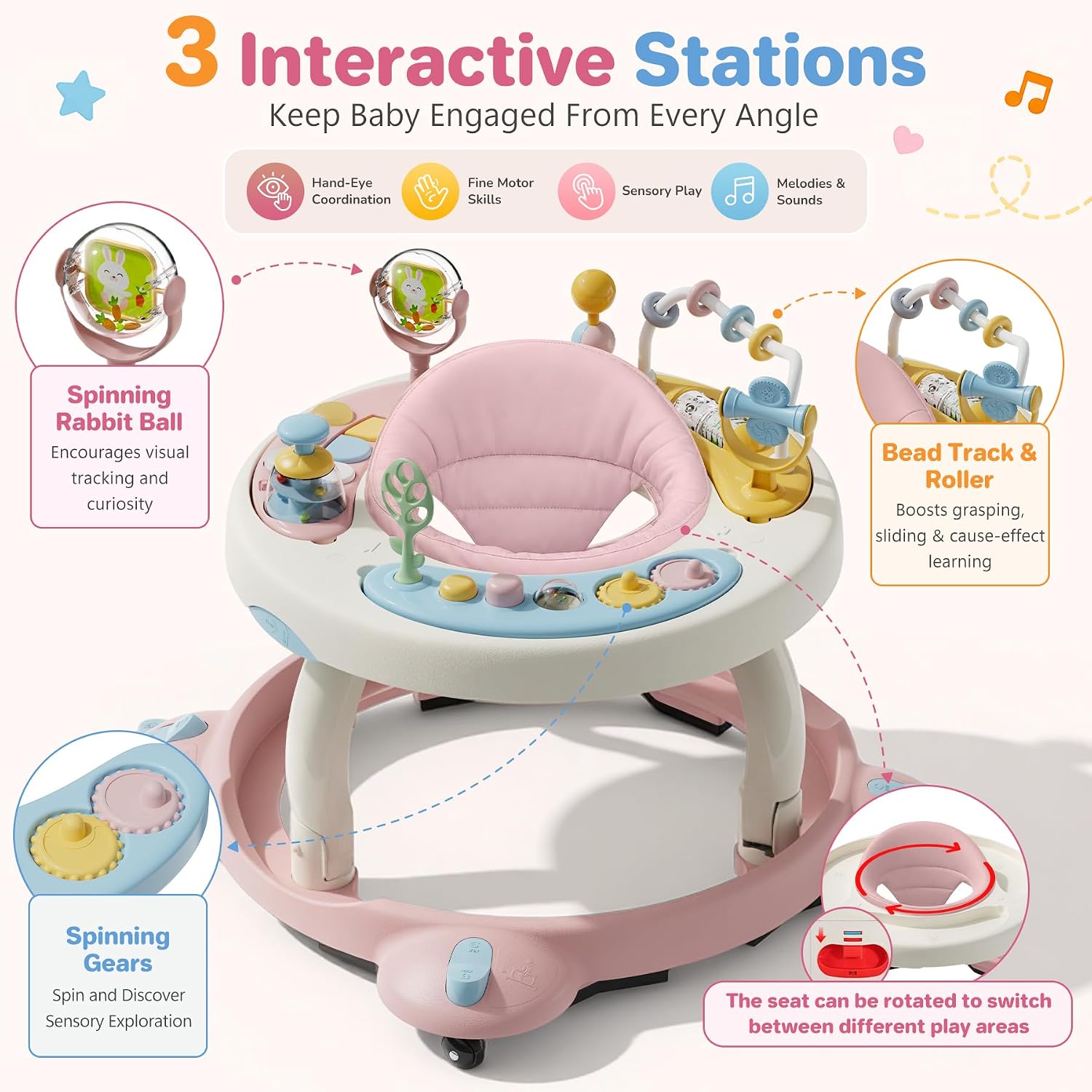 Baby Walker with Wheels, Foldable Baby Walker for Baby 6-12 Months, 3-Position Rotating Seat with Interactive
