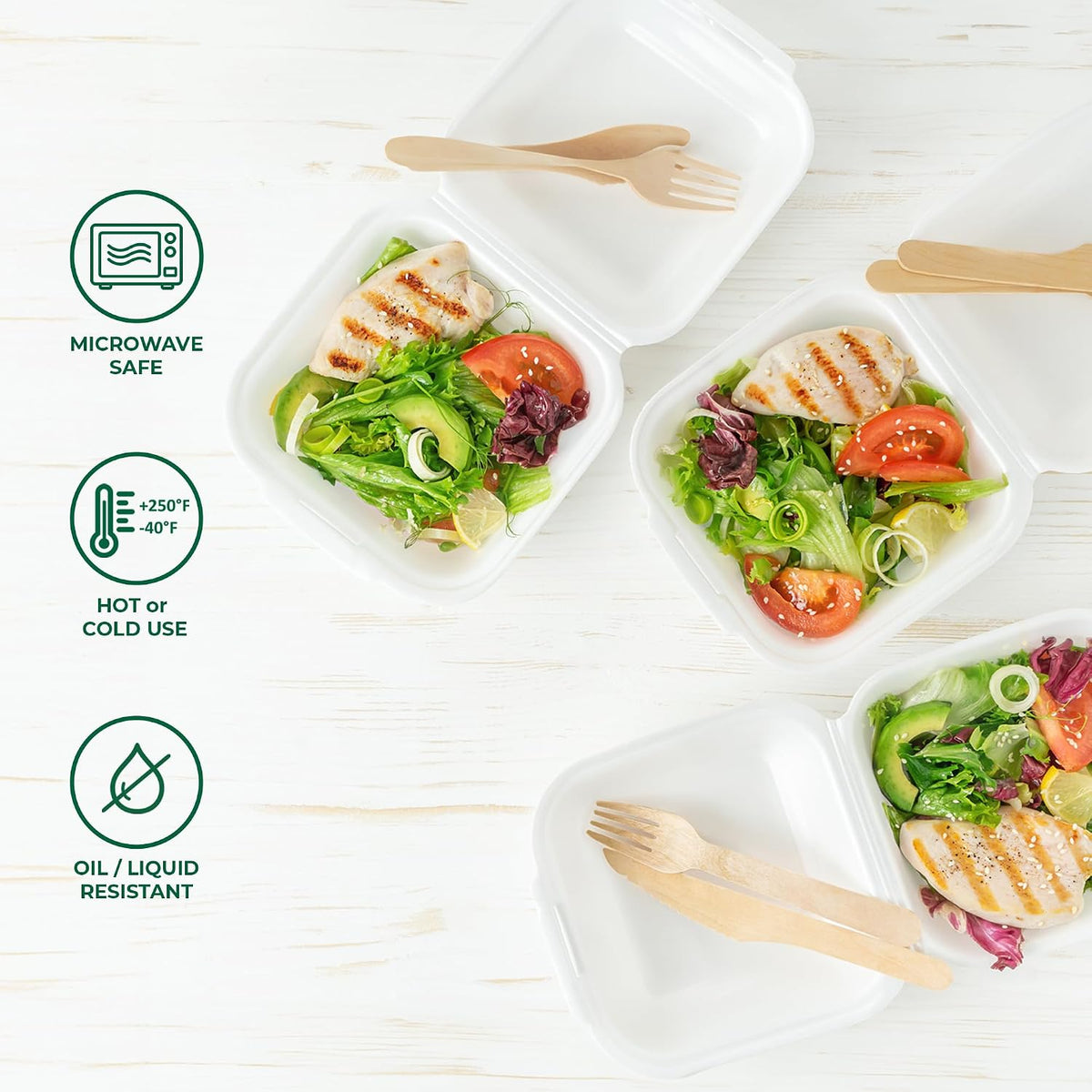 Clamshell Food Containers with Lids [6x6 50-Pack] Disposable To Go Containers, Biodegradable Sugarcane To Go Boxes