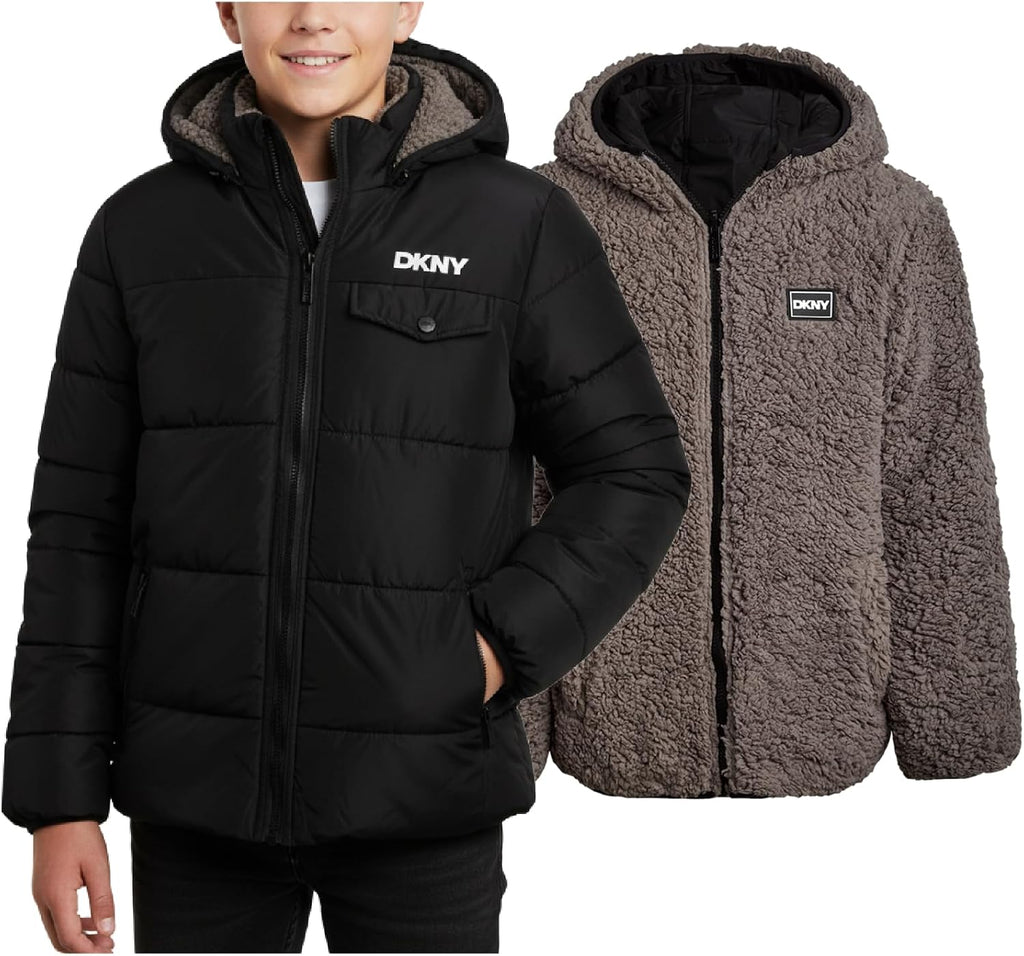 DKNY Boys Reversible Zip Up Puffer Jacket Sherpa Lined Hooded Winter Coat | Two Looks in One Reversible Design, Cozy