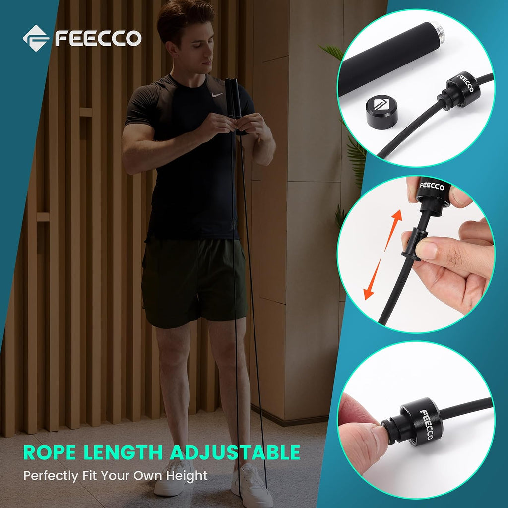 FEECCO 1/2 lb Weighted Jump Rope for Boxing, Cardio, Crossfit Workout, 8~11ft Range Adjustable Length Steel Ropes