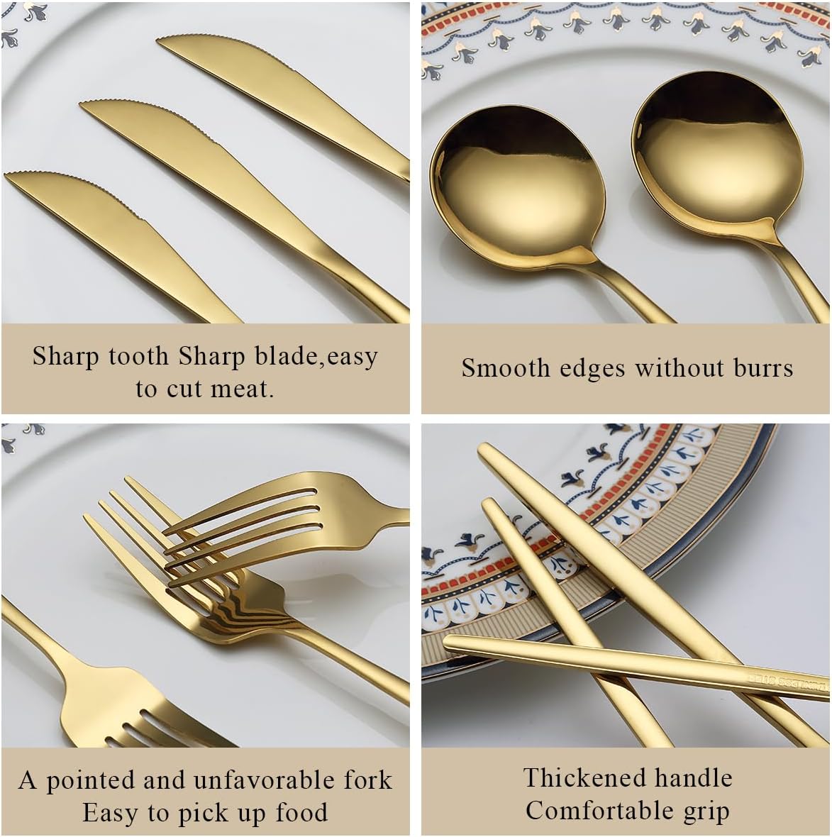 Gold Silverware Set 60 Piece Service for 20, Titanium Gold Plated Stainless Steel Flatware Set, Knives Forks Spoons