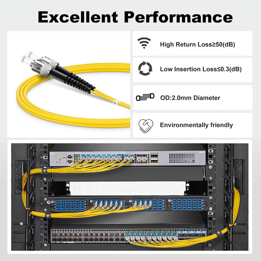 OS2 ST to ST Single Mode Fiber Patch Cable, 3m/10ft, 5Pack