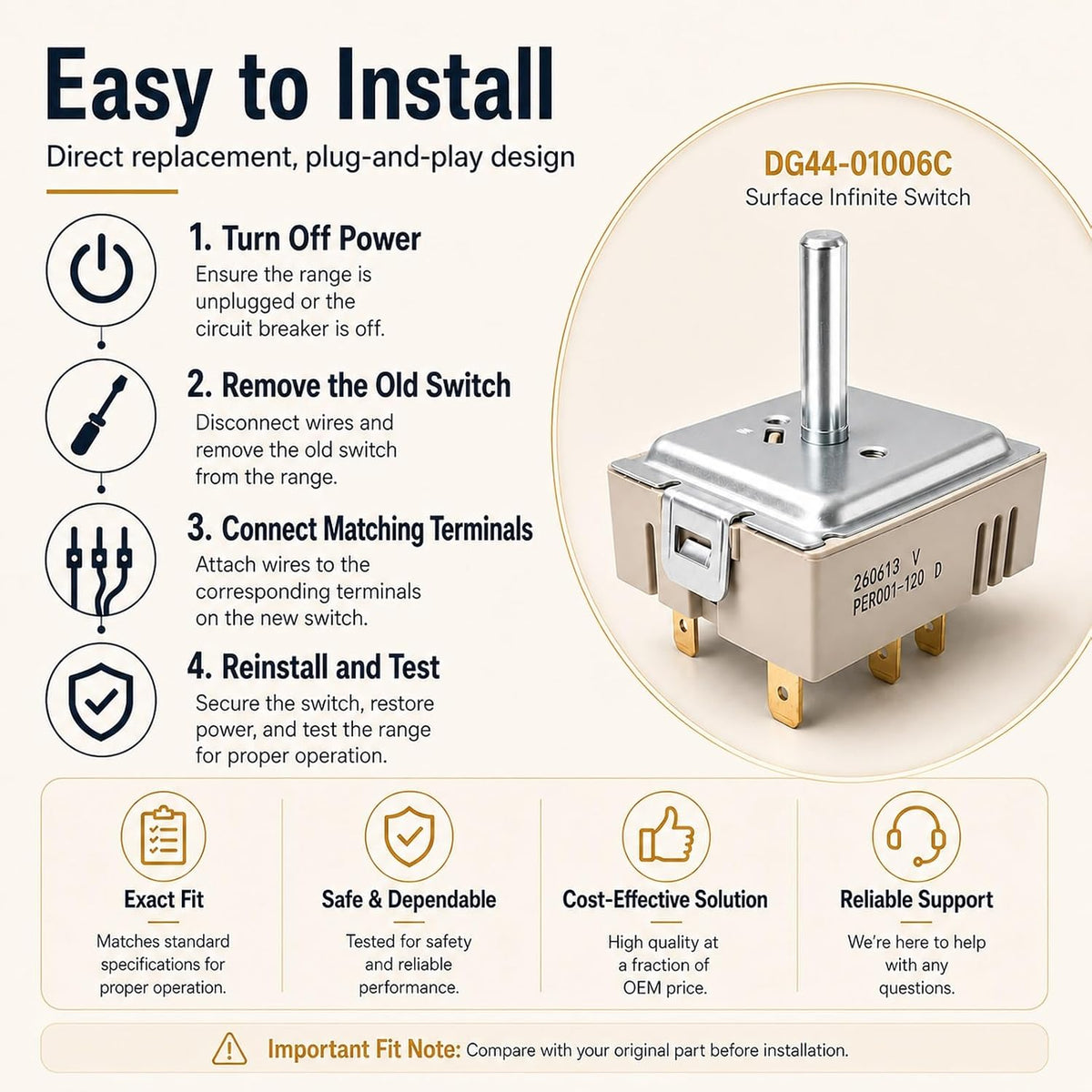 DG44-01006C Infinite Control Switch Compatible with Samsung Ranges Cooktops
