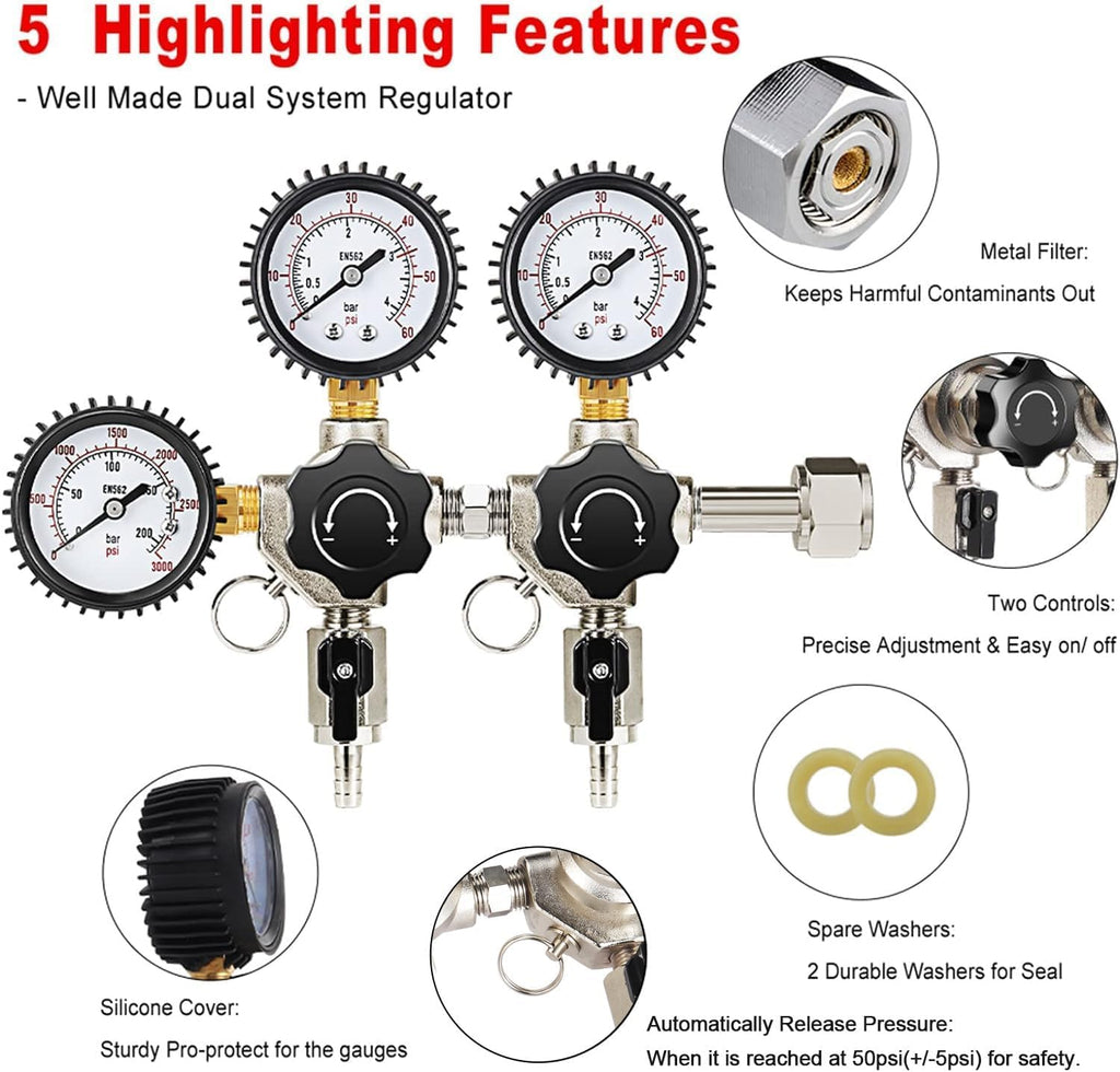 2 System CO2 Regulator Kegerator Regulator,0-60PSI Beer Regulator | Heavy-Duty Brass Body, Ball Valve, Silicone