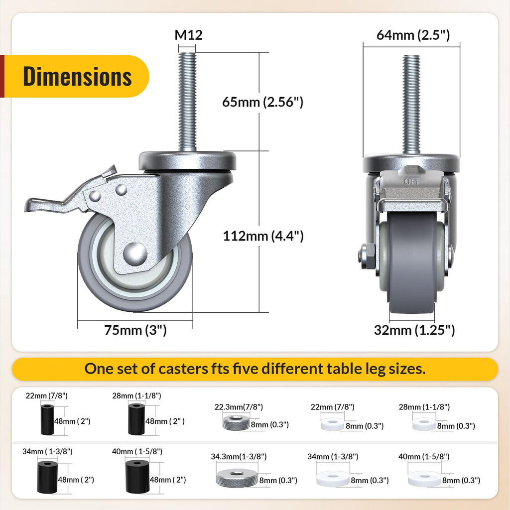 Caster Wheels Locking 3 Inch Expanding Stem Casters, Threaded Swivel Casters Set of 4 Heavy Duty Castors, Fit 1"