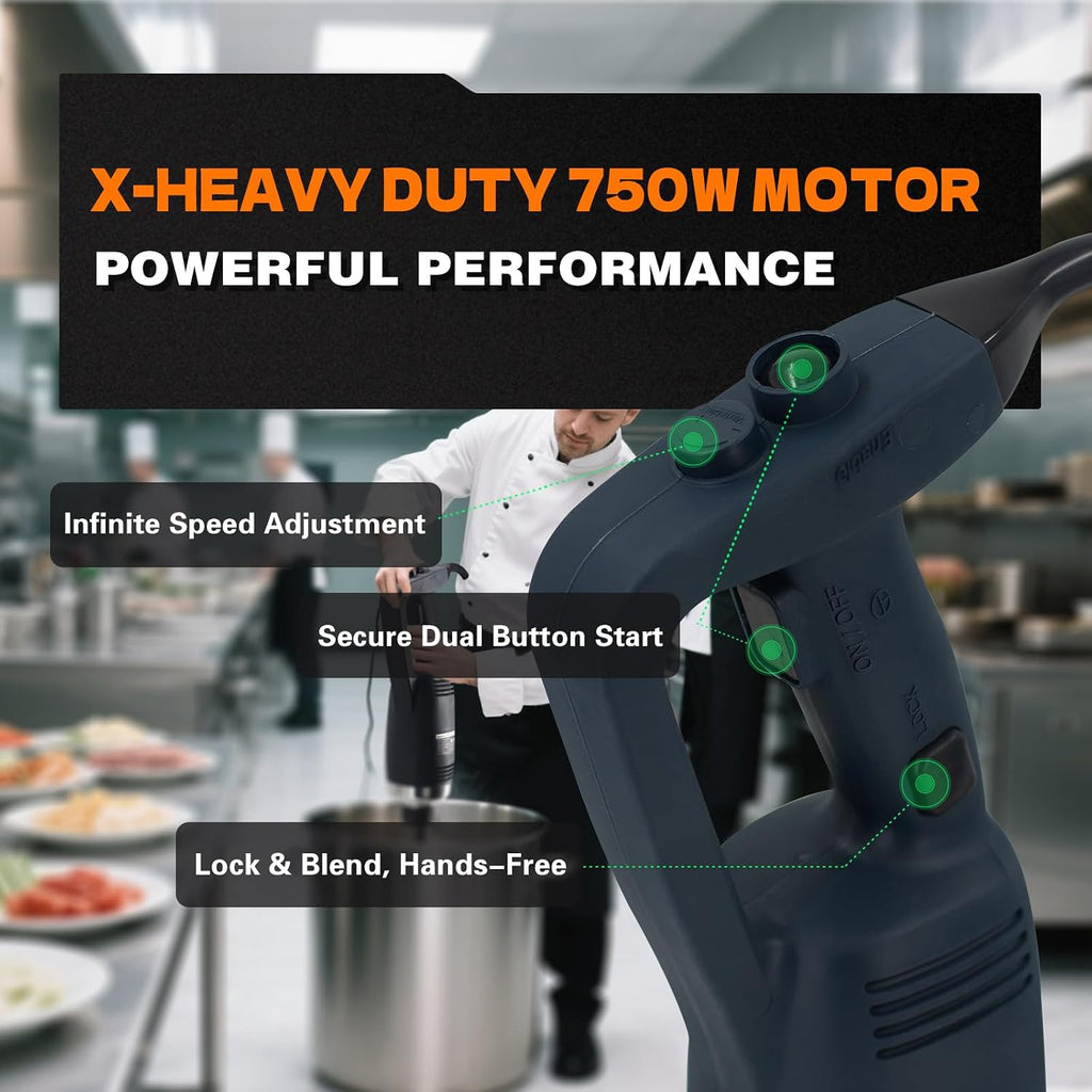 X-Heavy Huty 750W Commercial Immersion Blender, 22 Inch Removable Shaft, 8,000-19,000 RPM Variable Speed, 64 Gallons