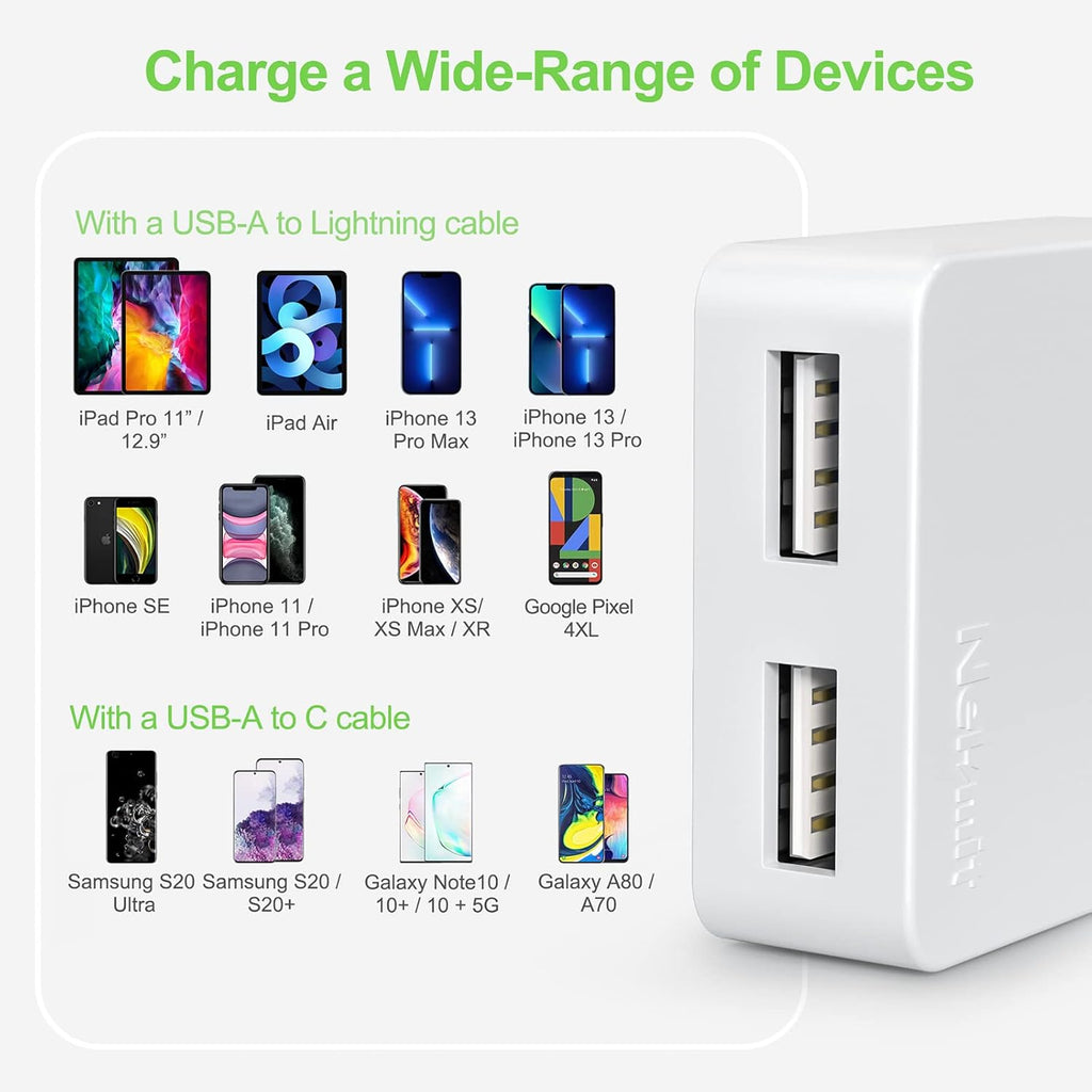 Dual Port Ultra Thin Flat USB Wall Charger with Smart IC, White