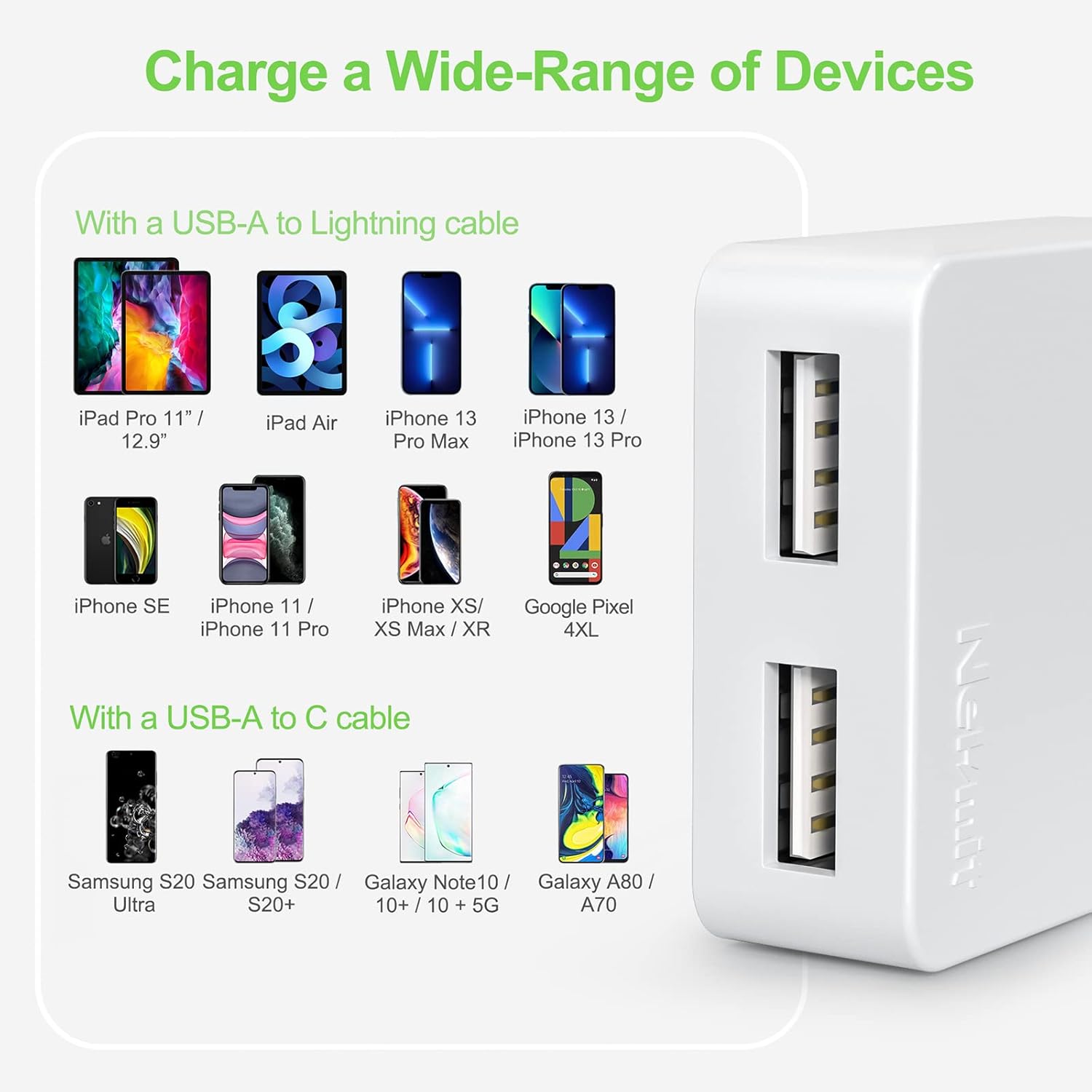 Dual Port Ultra Thin Flat USB Wall Charger with Smart IC, White