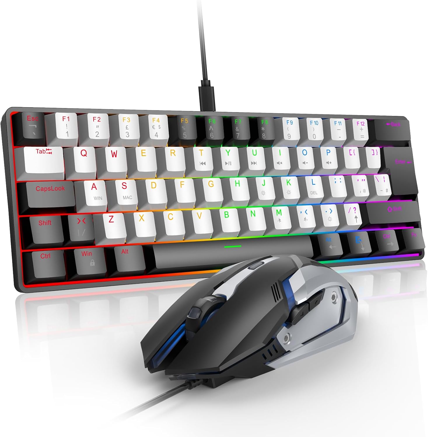 Gaming Keyboard and Mouse Combo, Mechanical Keyboard Gamer 60% US-Layout, Compact LED Backlit, USB Ergonomic Office