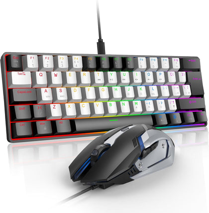 Gaming Keyboard and Mouse Combo, Mechanical Keyboard Gamer 60% US-Layout, Compact LED Backlit, USB Ergonomic Office