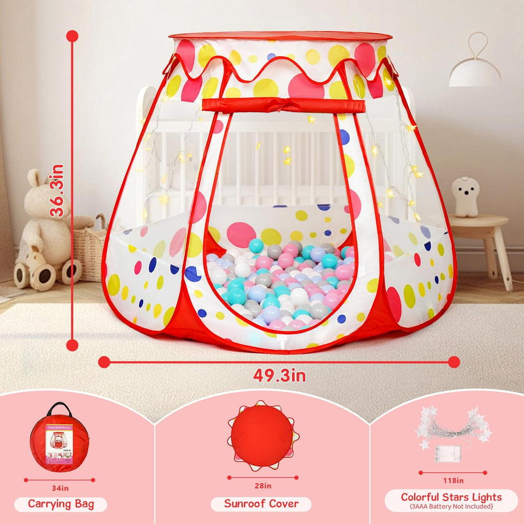 PopUp Princess Tent, Toddler Girl Toys Baby Ball Pit with LED Star Lights, Foldable Kid Play Tent with Carrying Bag