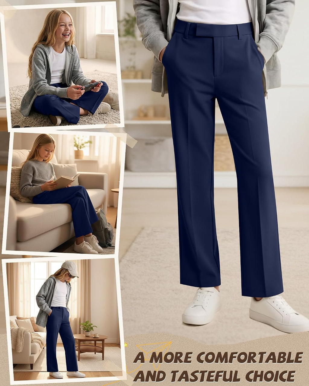 Girls School Uniform Pants Teen Dress | Teen Preppy Adjustable Waist Trousers Pockets, Front Button Zipper Fly
