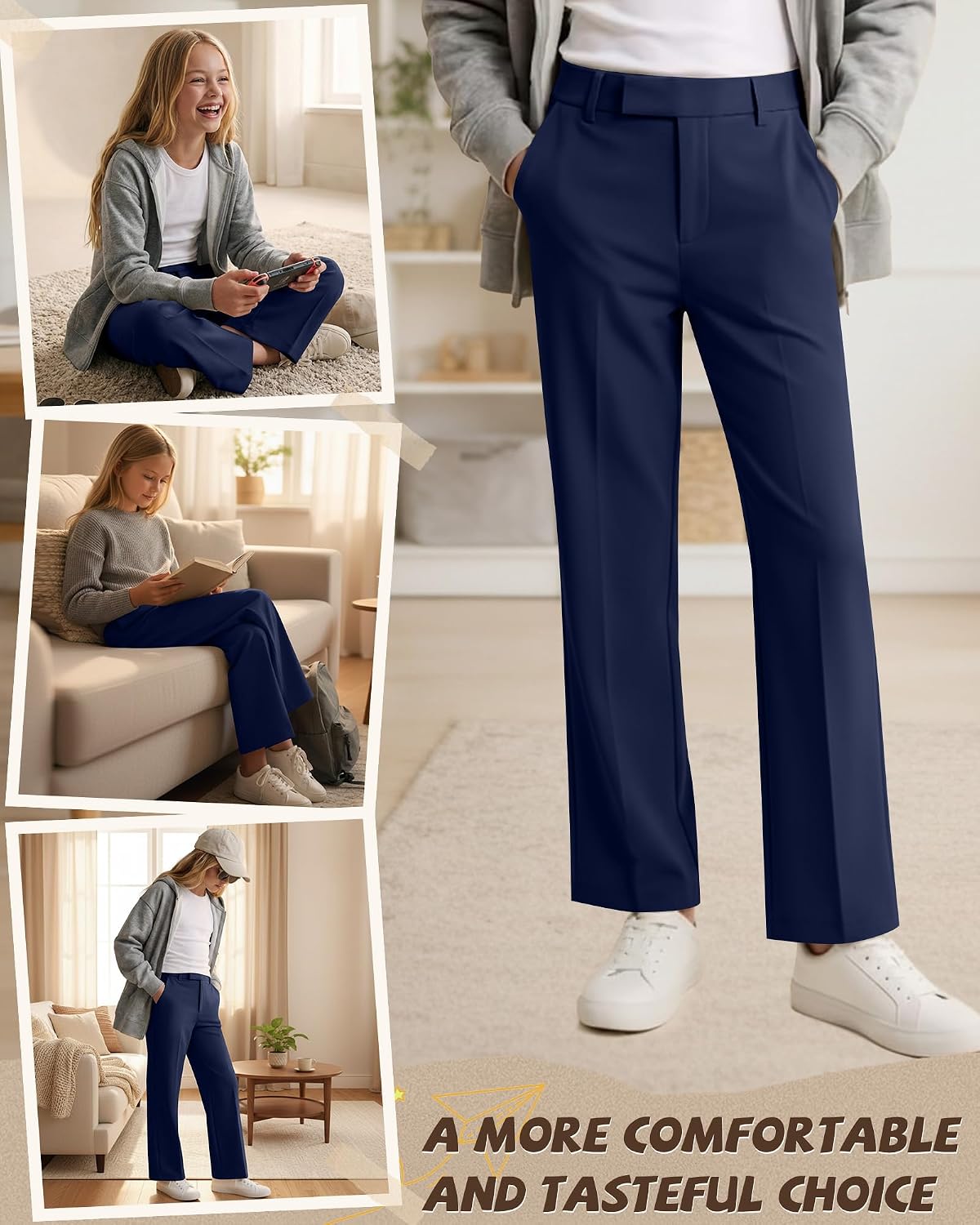 Girls School Uniform Pants Teen Dress | Teen Preppy Adjustable Waist Trousers Pockets, Front Button Zipper Fly