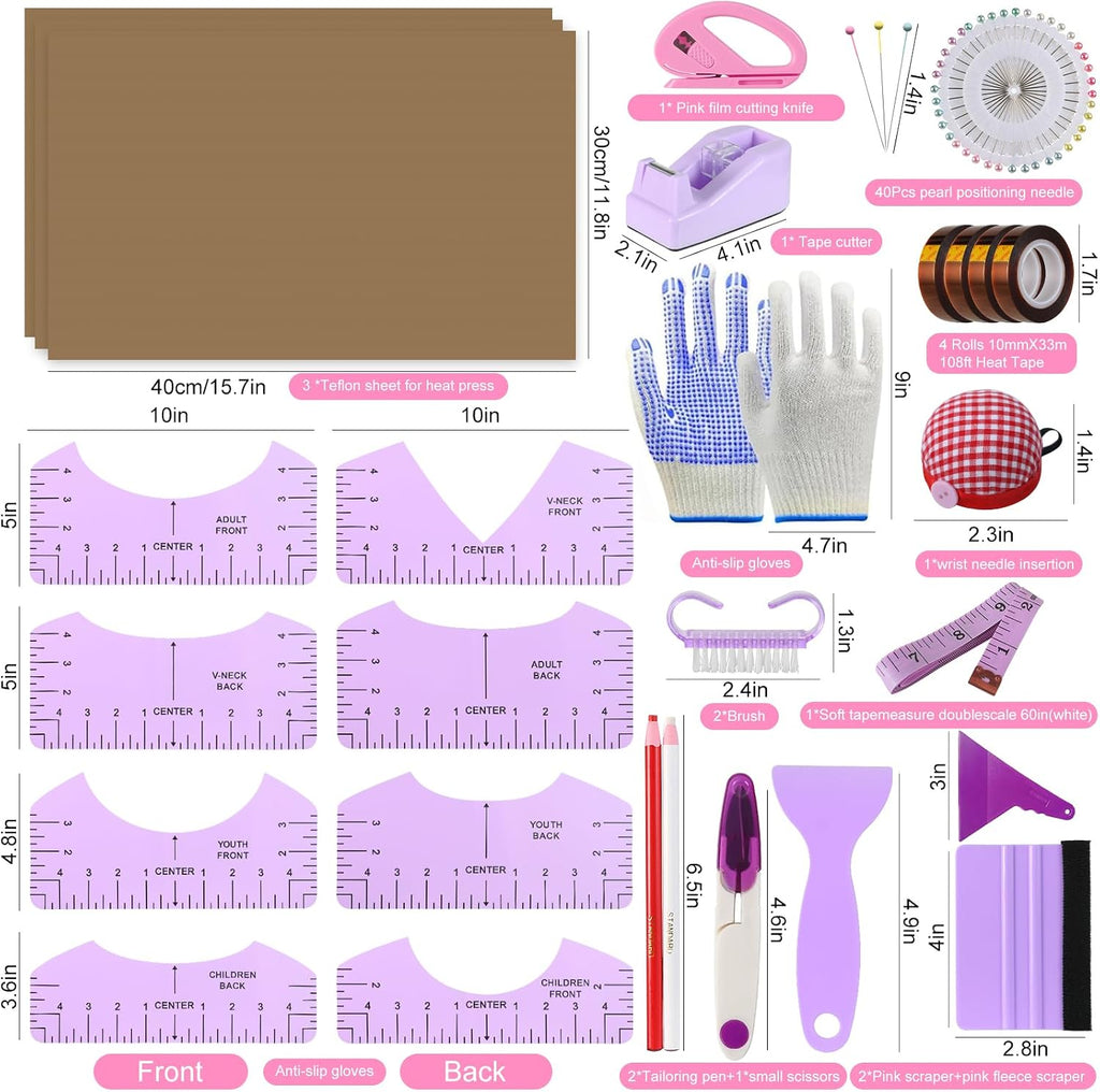 Sublimation Shirts Tool Kits With 8 T Shirt rulers, 3Pack Teflon Sheet for Heat Press 12*16in, Heat Resistant Gloves