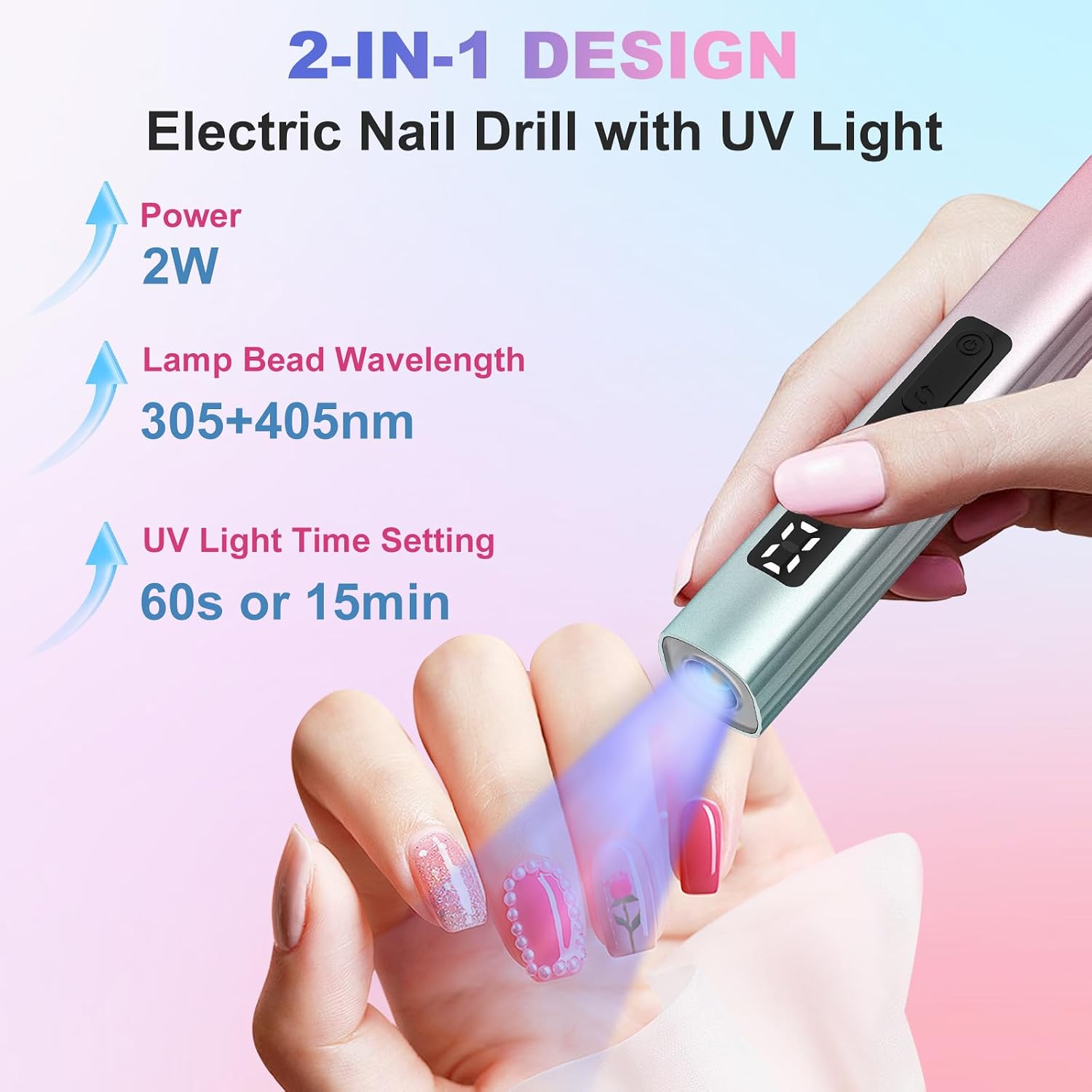 Cordless Electric Nail Drill with UV Light Lamp, 5 Speed, LCD Display | 14 in 1 Electric Nail File Drill