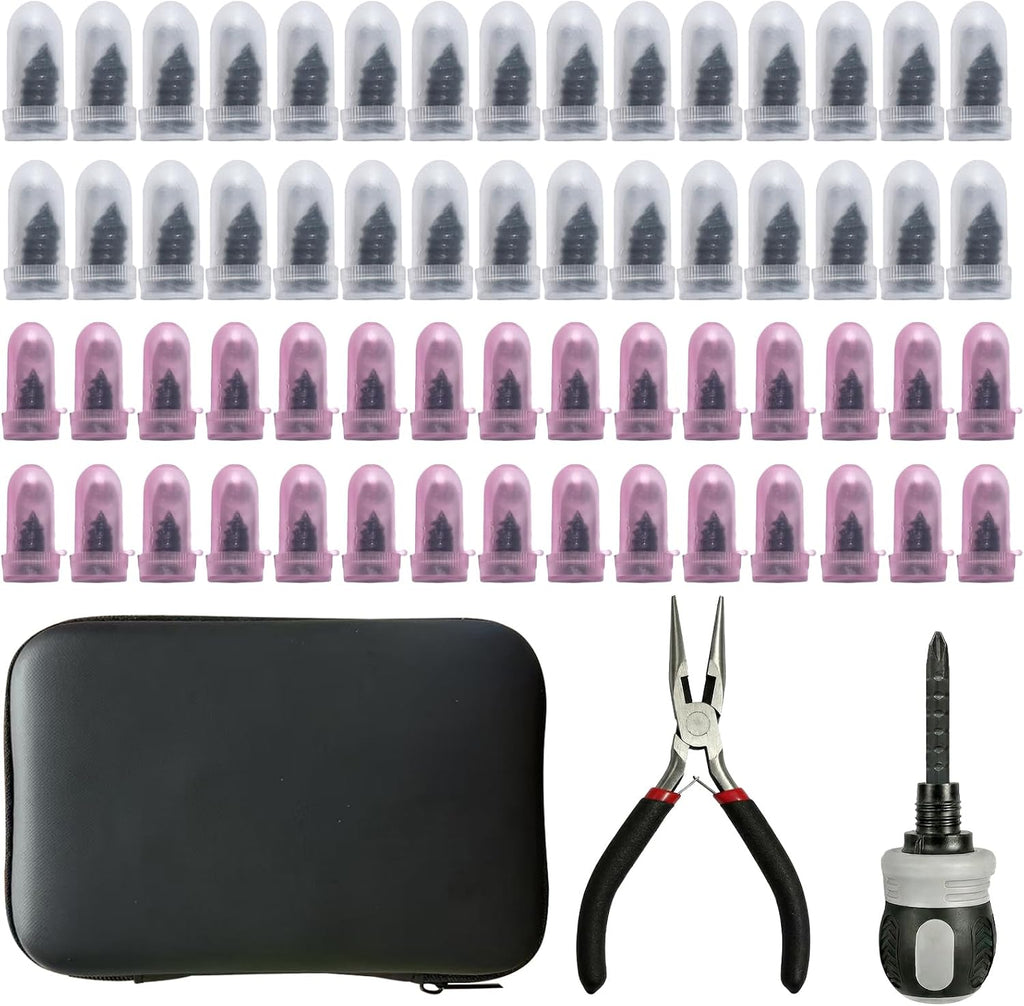 Tire Repair Kit, 60PCS Rubber Tire Repair Plugs, 3-in-1 Ratchet Tool | With Screwdriver, Needle Nose Pliers & EVA