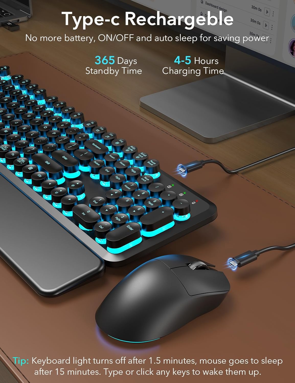 Wireless Keyboard and Mouse Backlit - Typewriter Keyboard with Magnetic Wrist Rest, Retro Round Keys, Light Up