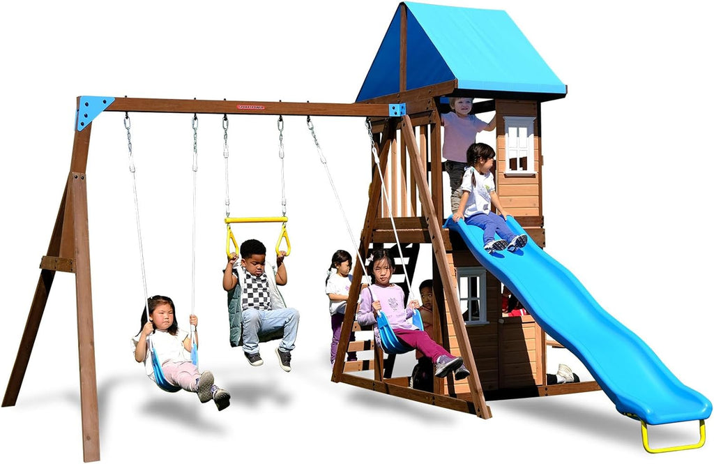 8-in-1 Lakeview Outdoor Cedar Wooden Swing Set: Belt Swings, Trapeze Play Fort with Play Kitchen, Bench & Rock