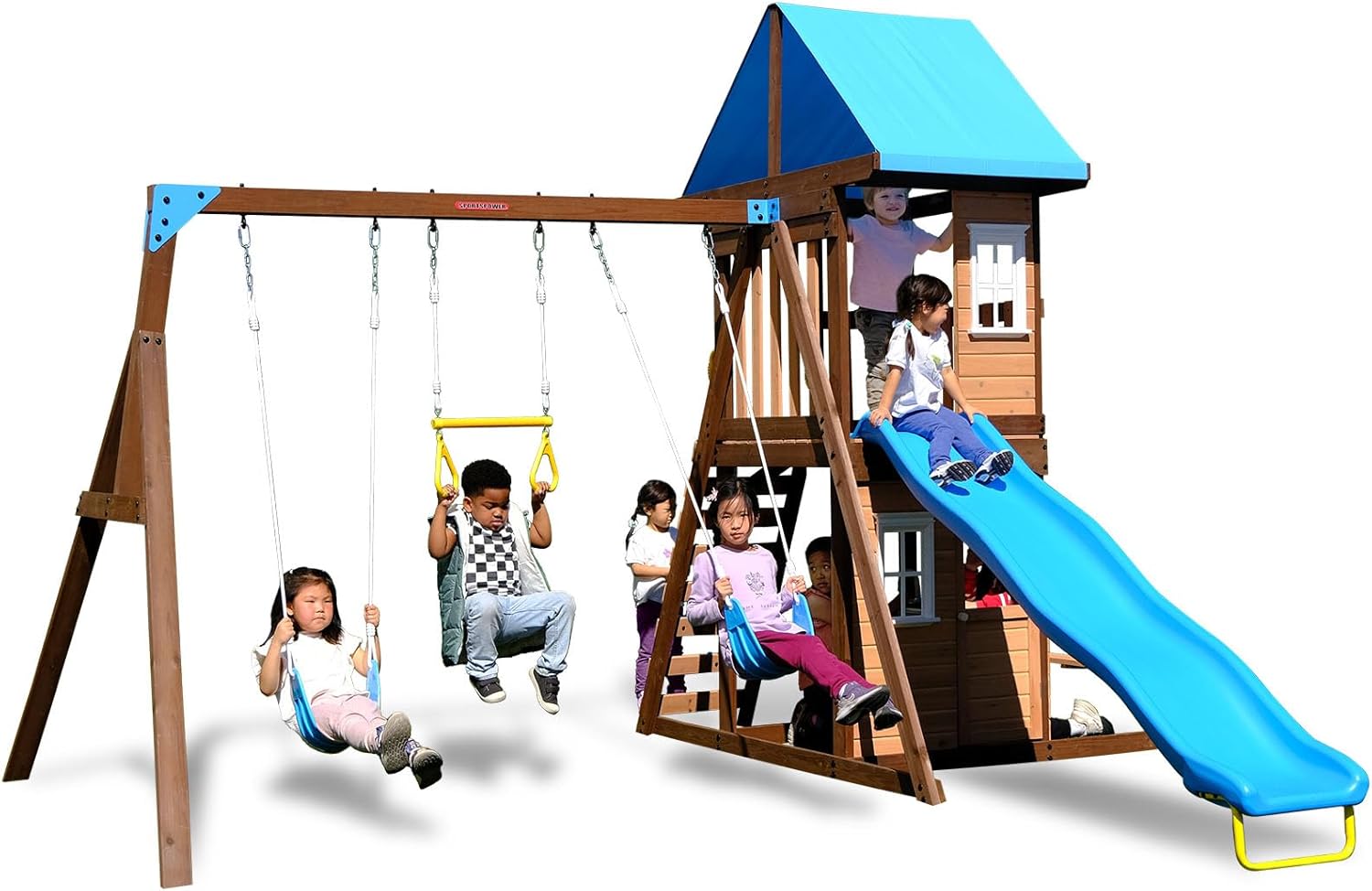 8-in-1 Lakeview Outdoor Cedar Wooden Swing Set: Belt Swings, Trapeze Play Fort with Play Kitchen, Bench & Rock