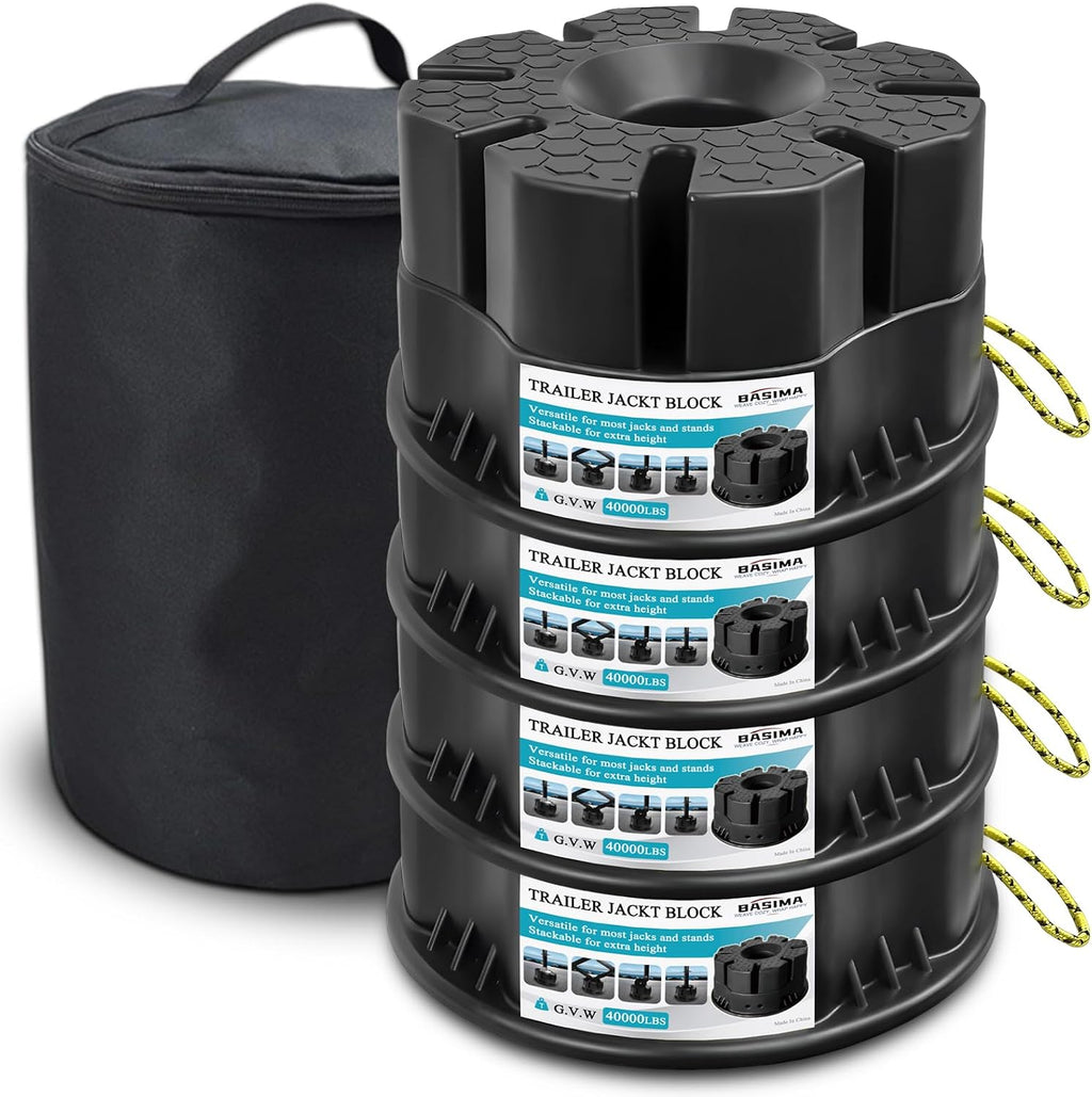 4-Pack 6in Trailer Jack Blocks, 40,000 lb RV Leveling Blocks, Black | Heavy-Duty & Stackable RV Stabilizer Pads