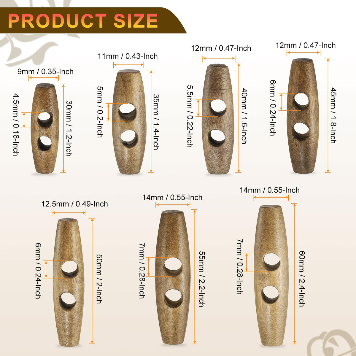 55mm / 2.2" Wooden Toggle Buttons 10pcs 2-Hole, Light Brown