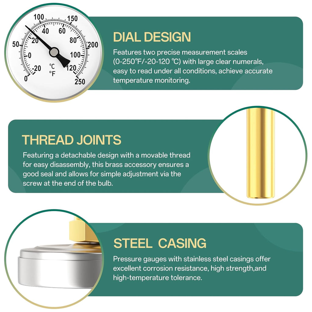 Bimetal Thermometer, 0-250°F/-20-120℃, 1/2" NPT Connection Thread