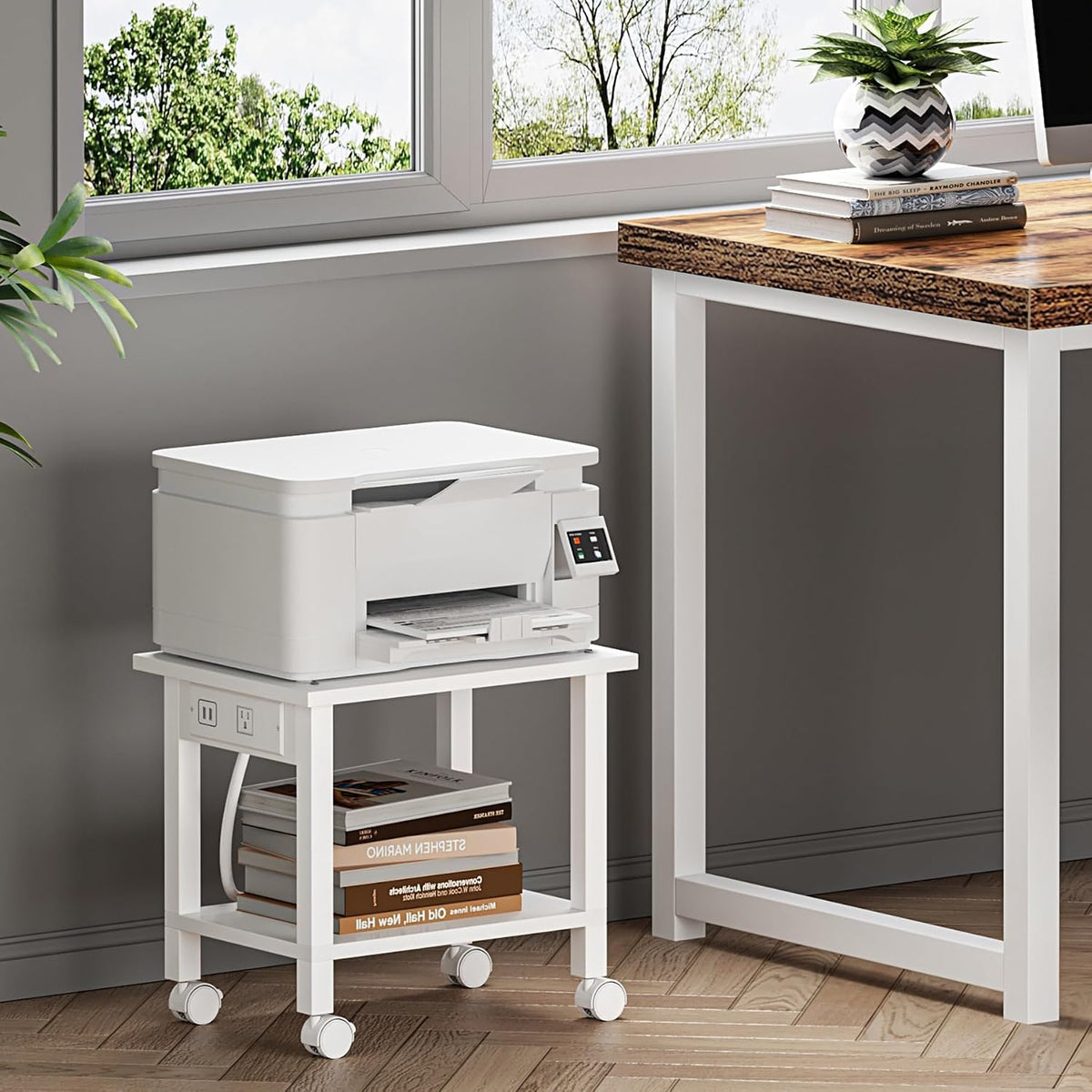 Printer Stand, 2 Tier Rolling Printer Cart with Charging Station | Small Under Desk Printer Table with Wheels for