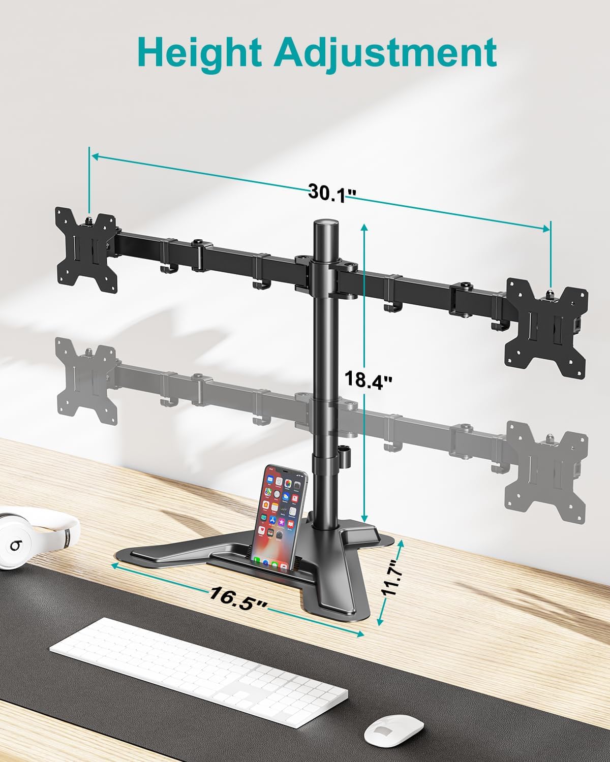 Dual Monitor Stand, Free-Standing Full Motion Monitor Desk Mount Fits 2 Screens up to 27 inches,17.6lbs with Height