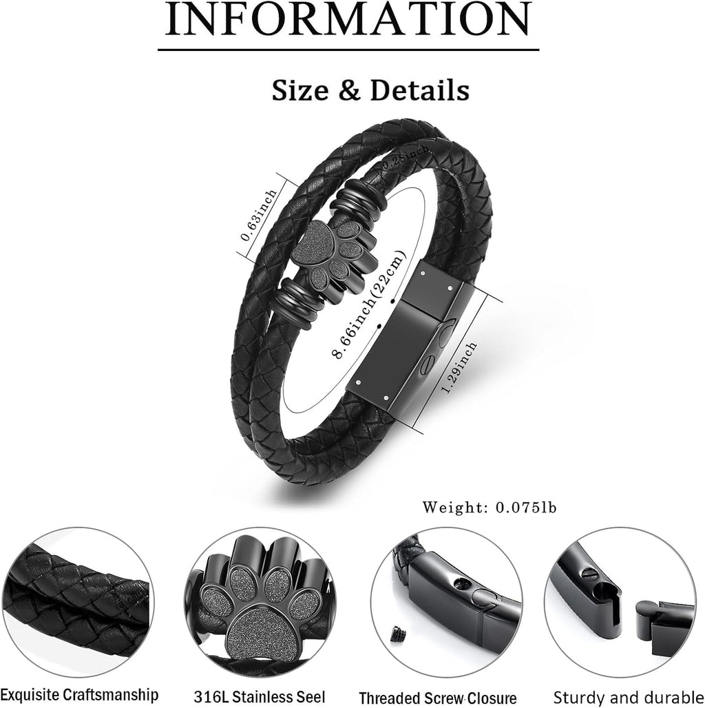 Pet Cremation Jewelry Paw Print Urn Bracelet for Ashes for Women Men Leather Memorial Dog Cat Ashes Keepsake Bangle