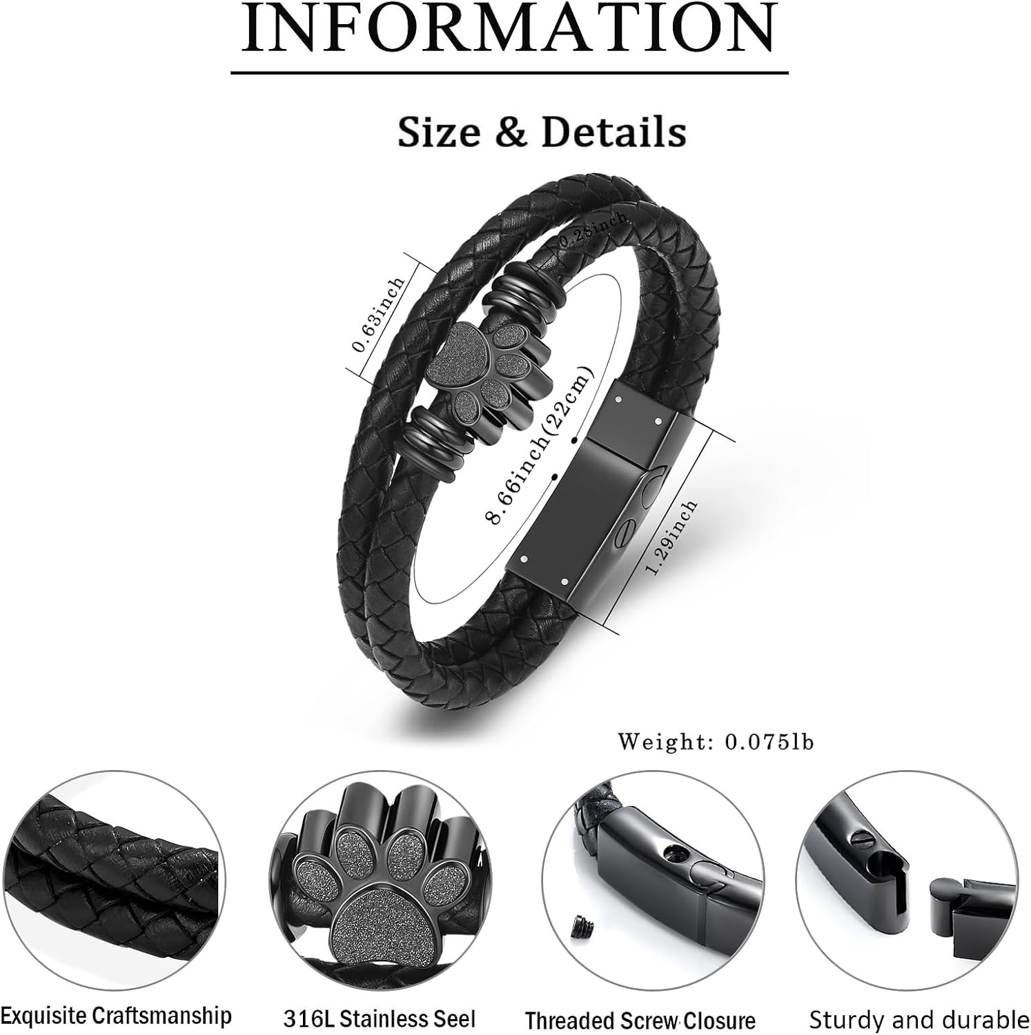 Pet Cremation Jewelry Paw Print Urn Bracelet for Ashes for Women Men Leather Memorial Dog Cat Ashes Keepsake Bangle