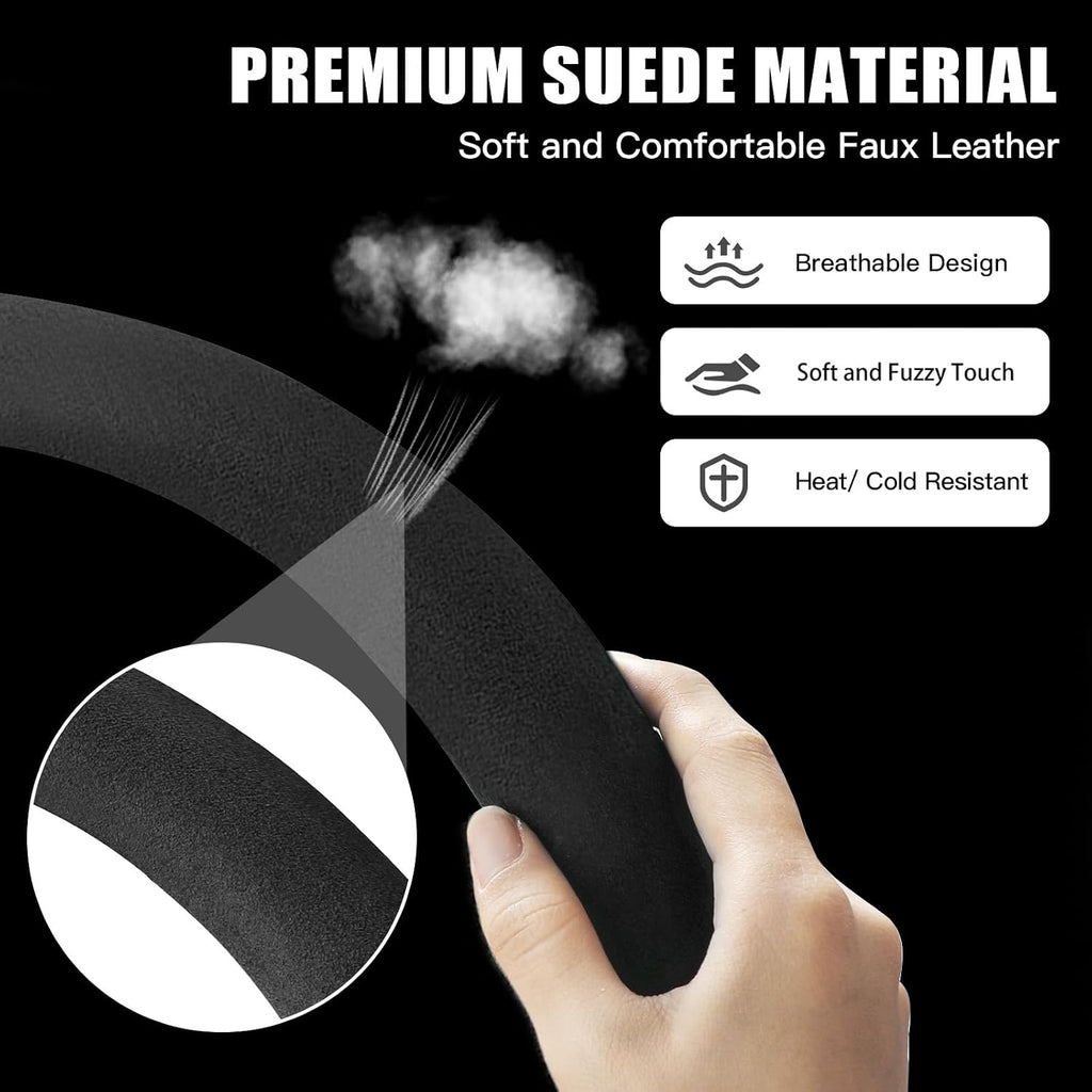 Suede Steering Wheel Cover with Upgraded Silicone Inner Ring, Breathable, Anti-Slip, Leather Universal 14.5 to 15
