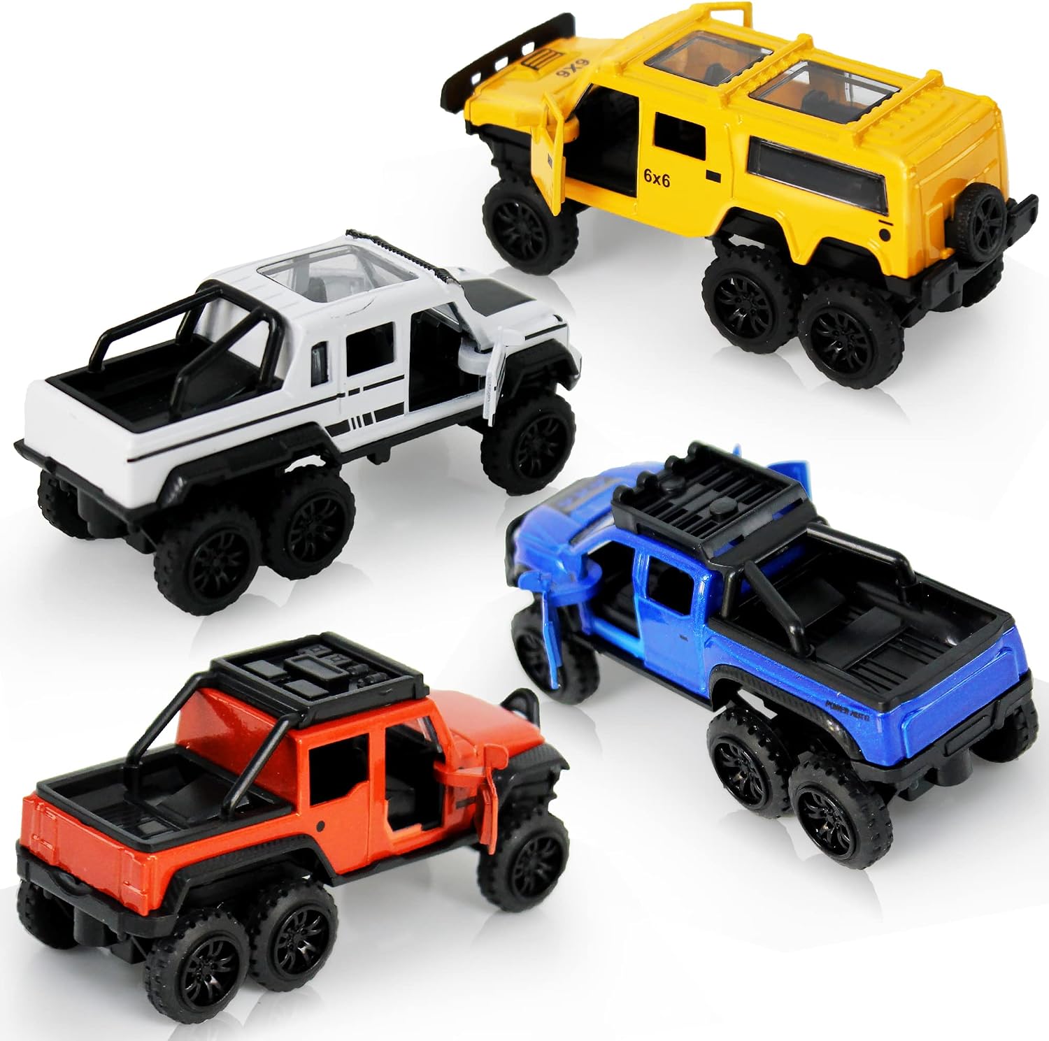 Pickup Trucks Open Door Die Cast Metal Toy Cars Pull Back Car 4 Pack | 1/64 Scale, Off-Road Trucks, Moving Parts