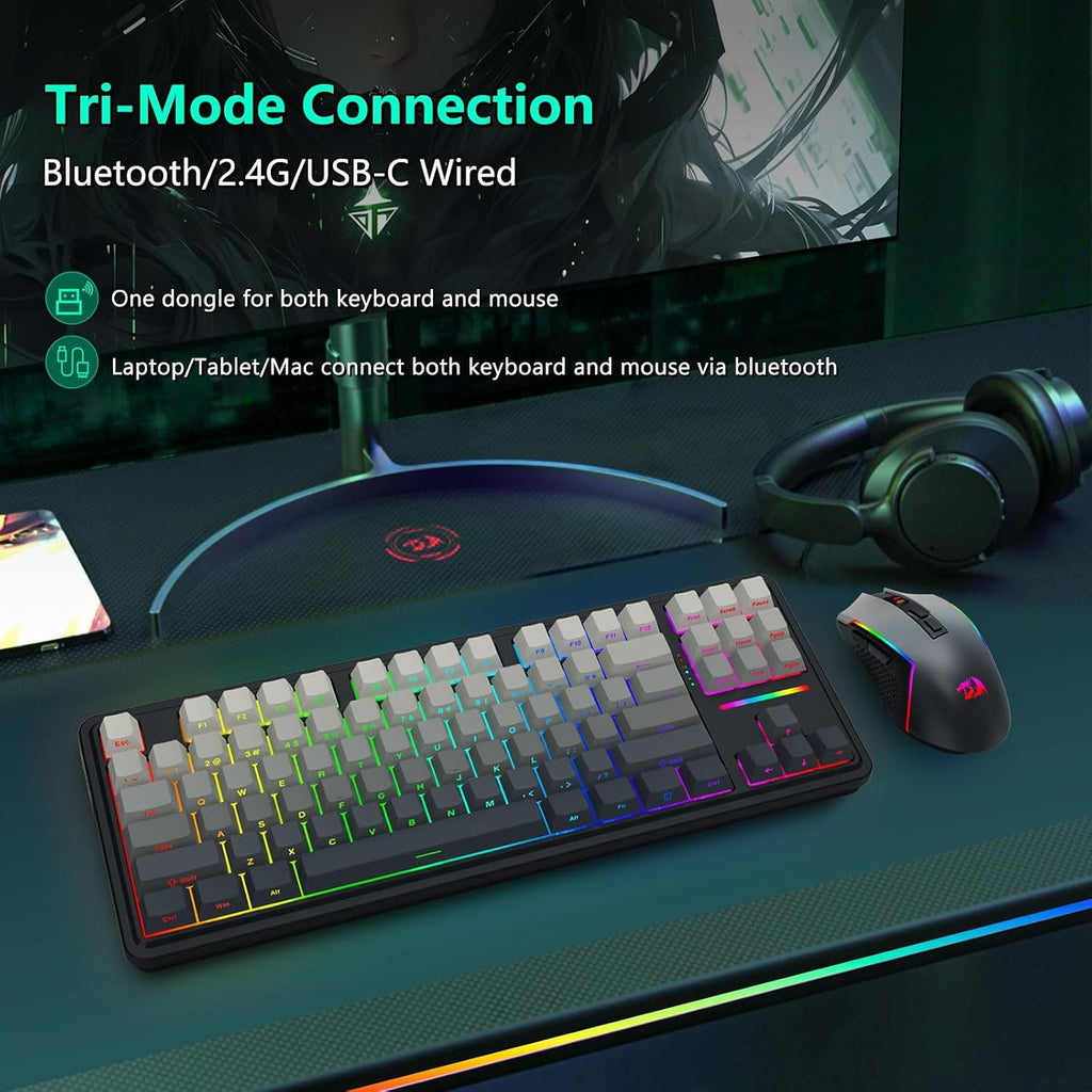 Wireless Mechanical Keyboard and Mouse Combo, RGB Backlit, Black | Bluetooth/2.4Ghz/USB-C Wired, TKL Creamy Gaming