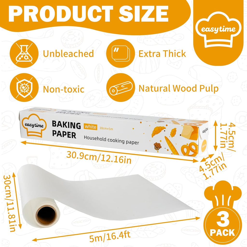 Unbleached Parchment Paper Roll for Baking 12in x 49ft, 3 Pack of 12in x 16.3FT, Parchment Paper Built-in Metal