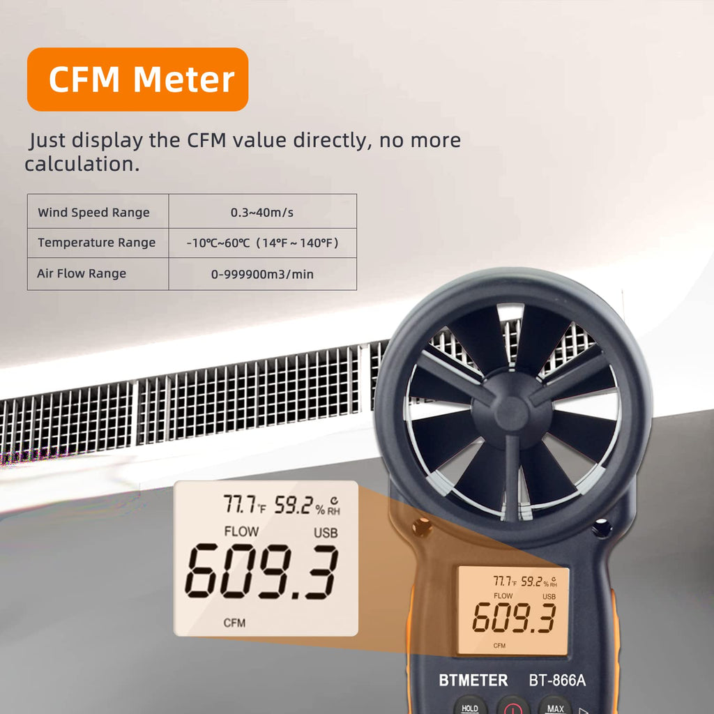 BTMETER 866A Pro Handheld HVAC Anemometer CFM Air Flow Meter(Wet Bulb Temp)