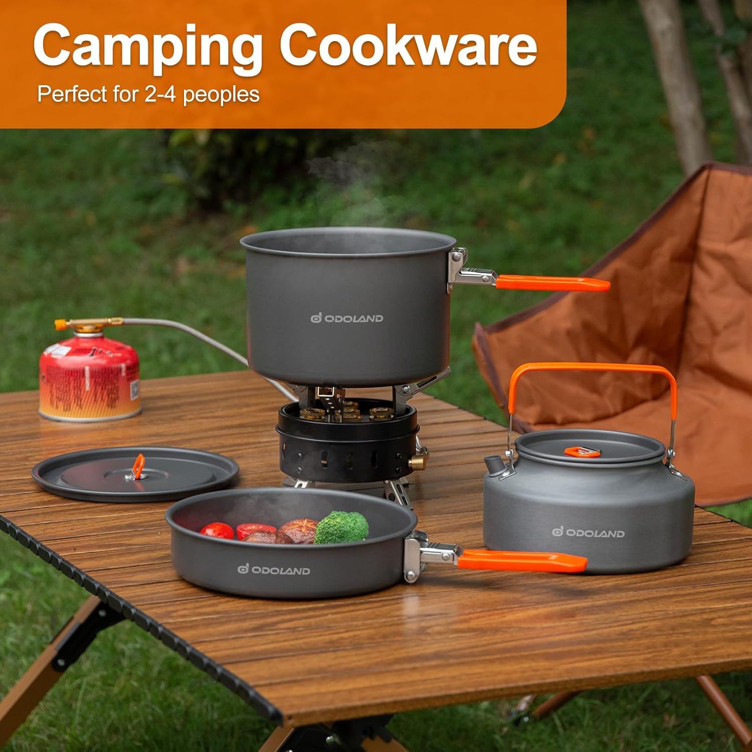 Camping Cookware Mess Kit, Camping Cooking Pot Fry Pan and 1.1L Kettle Set, Portable Camping Cookware Set with Mesh